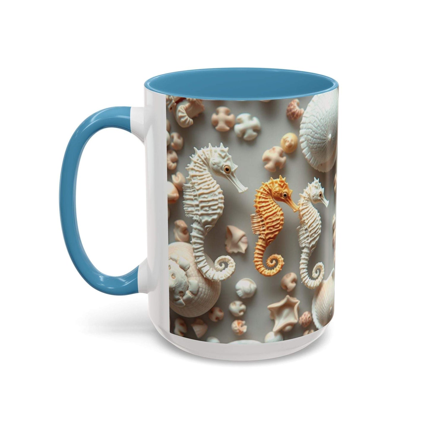Seahorse Accent Coffee Mug with nautical design, blue handle, and interior. Ideal for beach lovers.