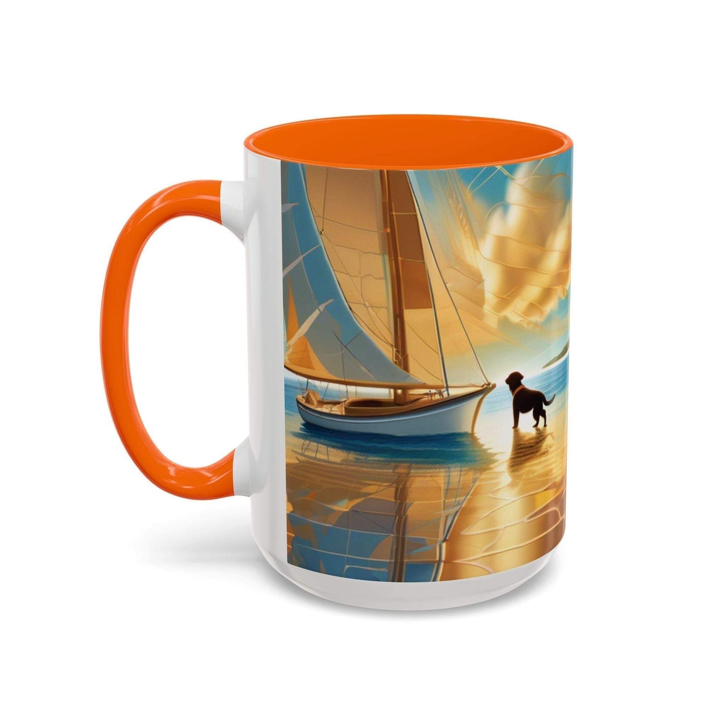 Serene Sunset Dog Lover's Mug with vibrant sailboat artwork, available in 11oz and 15oz.