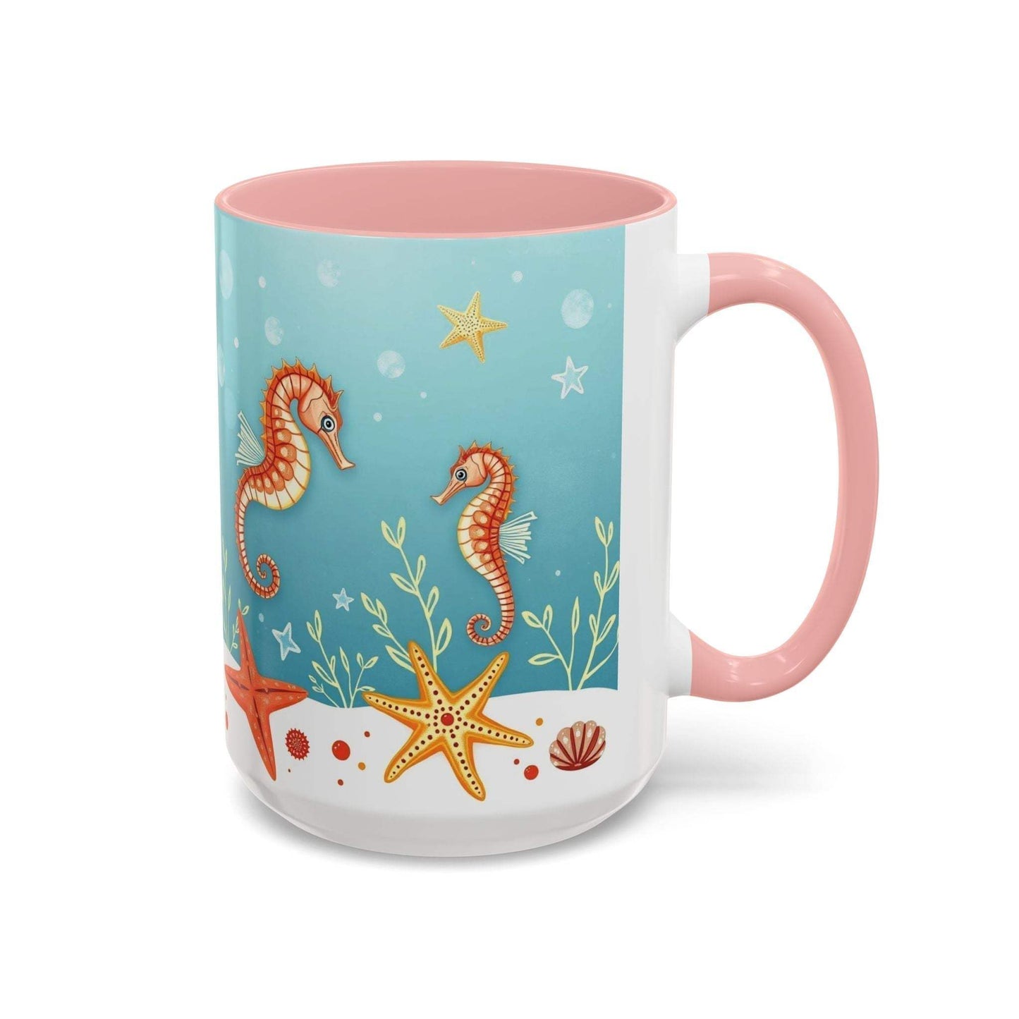 Ocean-themed accent coffee mug with seahorses and starfish design.