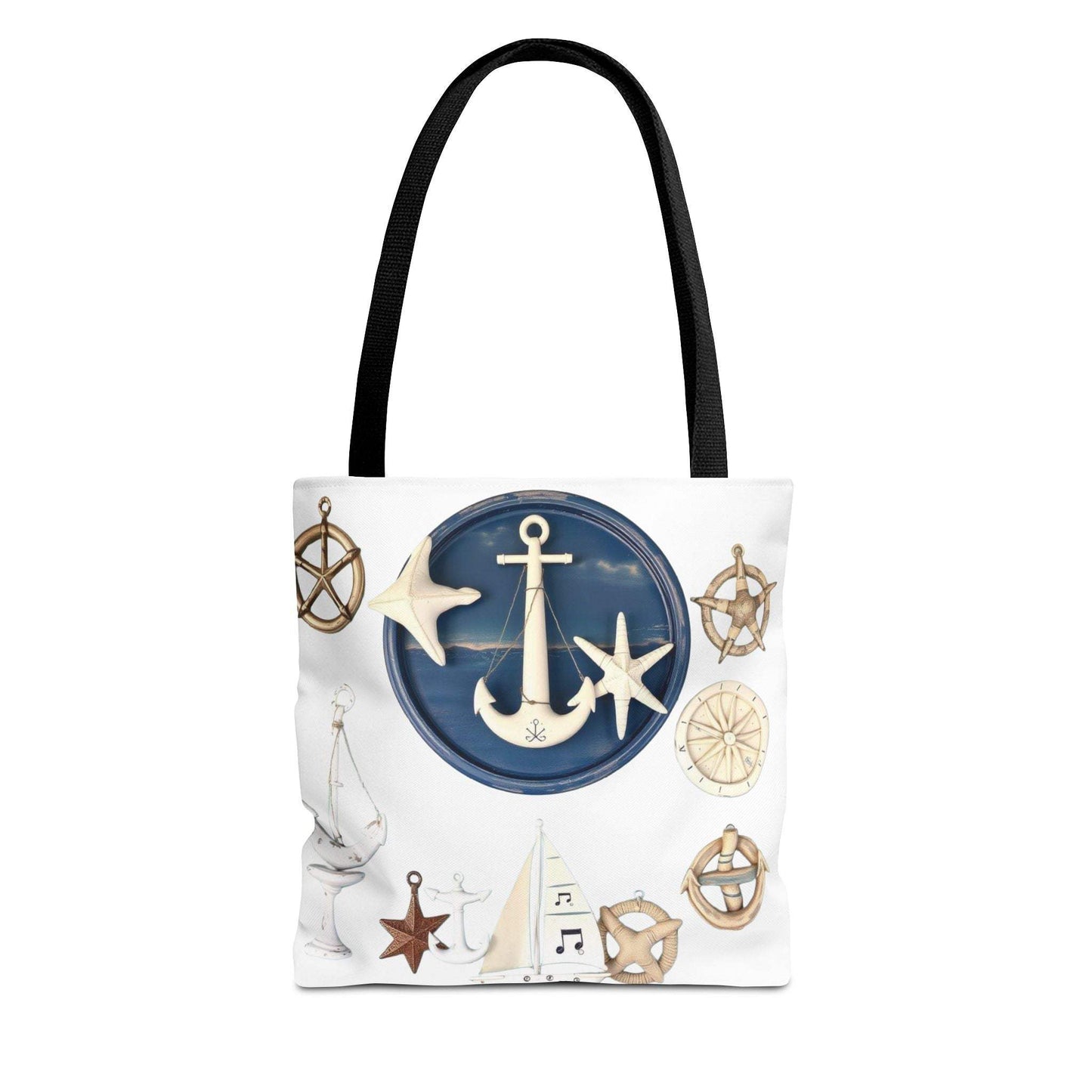 Nautical tote bag with anchor and star motif, durable polyester, beach carryall.