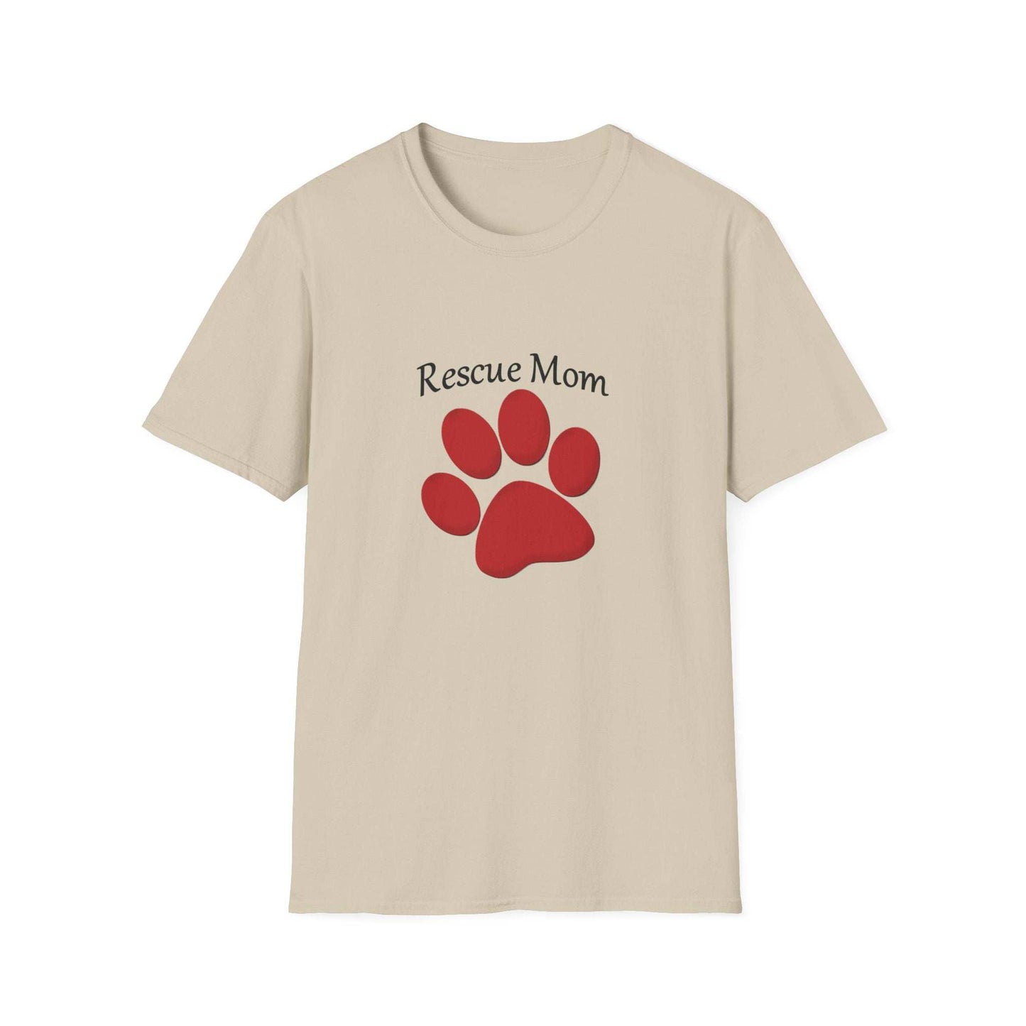 Unisex soft style t-shirt with 'Rescue Mom' design and red paw print for animal rescue supporters.