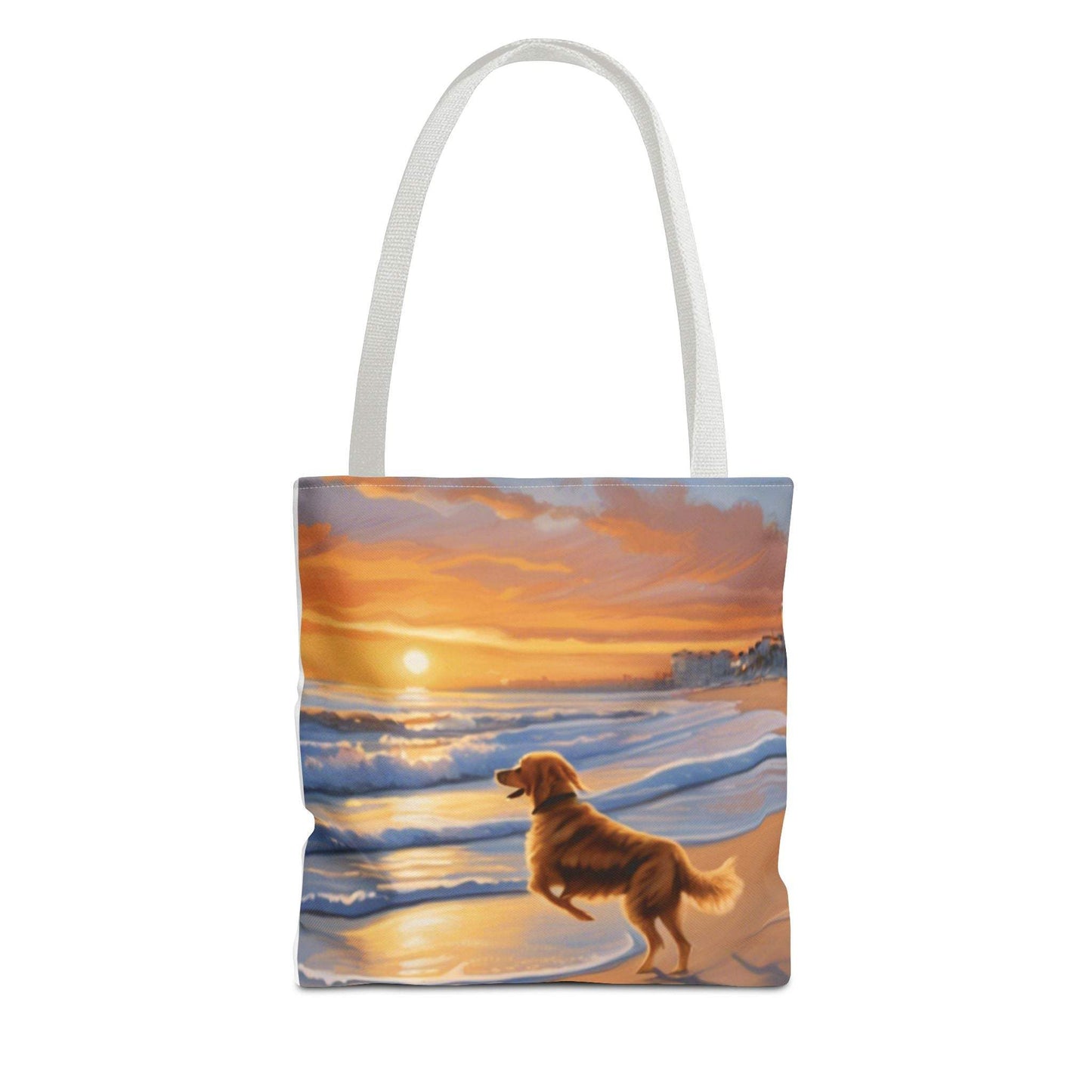 Canine on Beach Tote Bag with sunset design, durable polyester, 5 color handles.