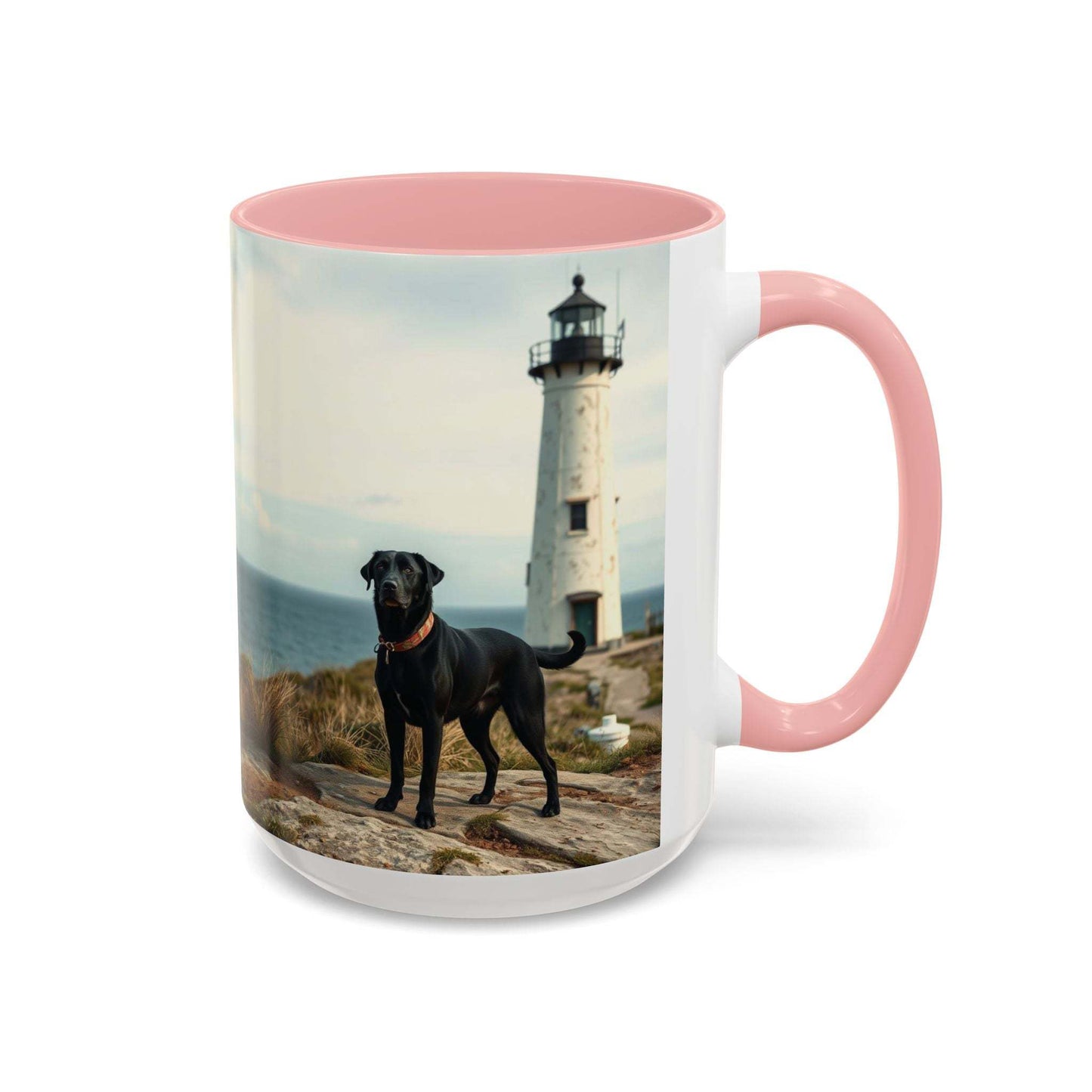 Ocean-themed coffee mug with lighthouse and dog design, pink interior; coastal vibe drinkware ideal for pet owners and home decor.