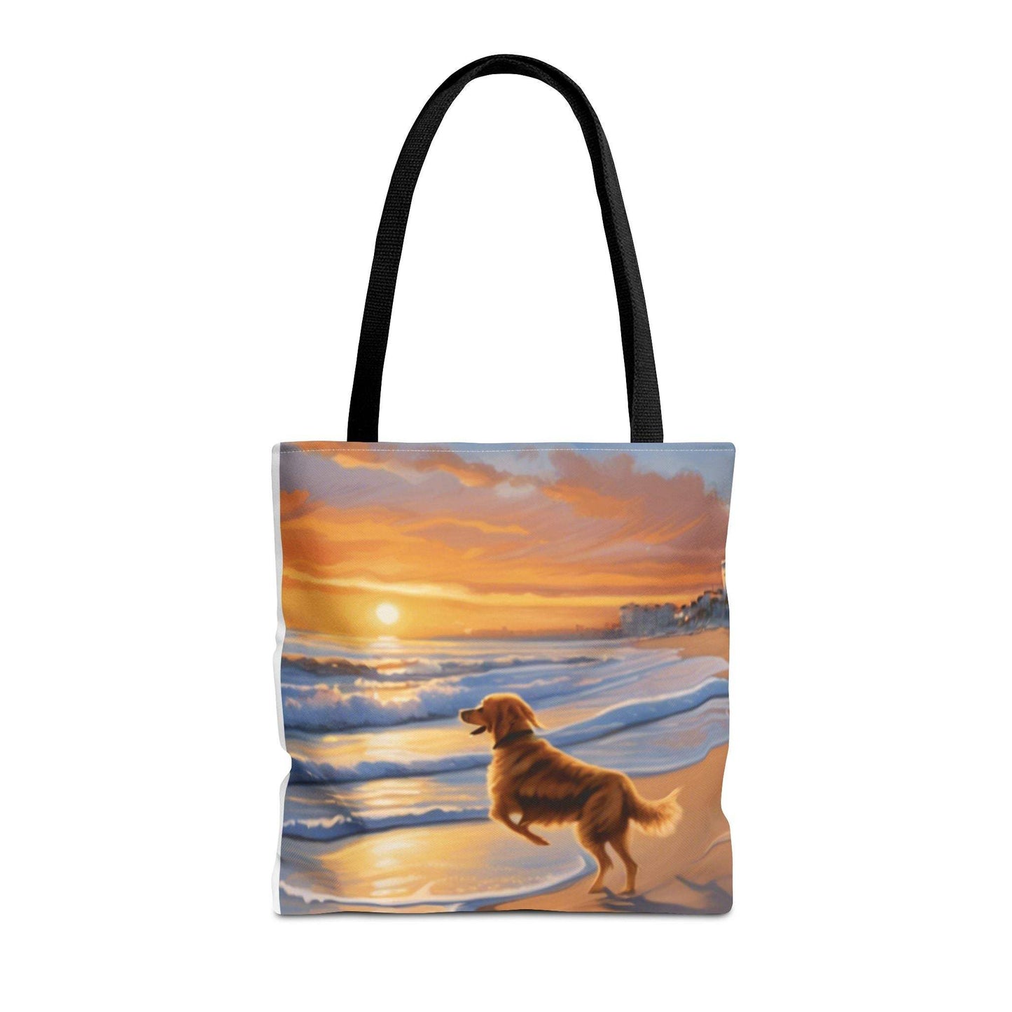 Canine on Beach Tote Bag with Sunset Design, Durable Polyester, Cotton Straps, Available in 3 Sizes