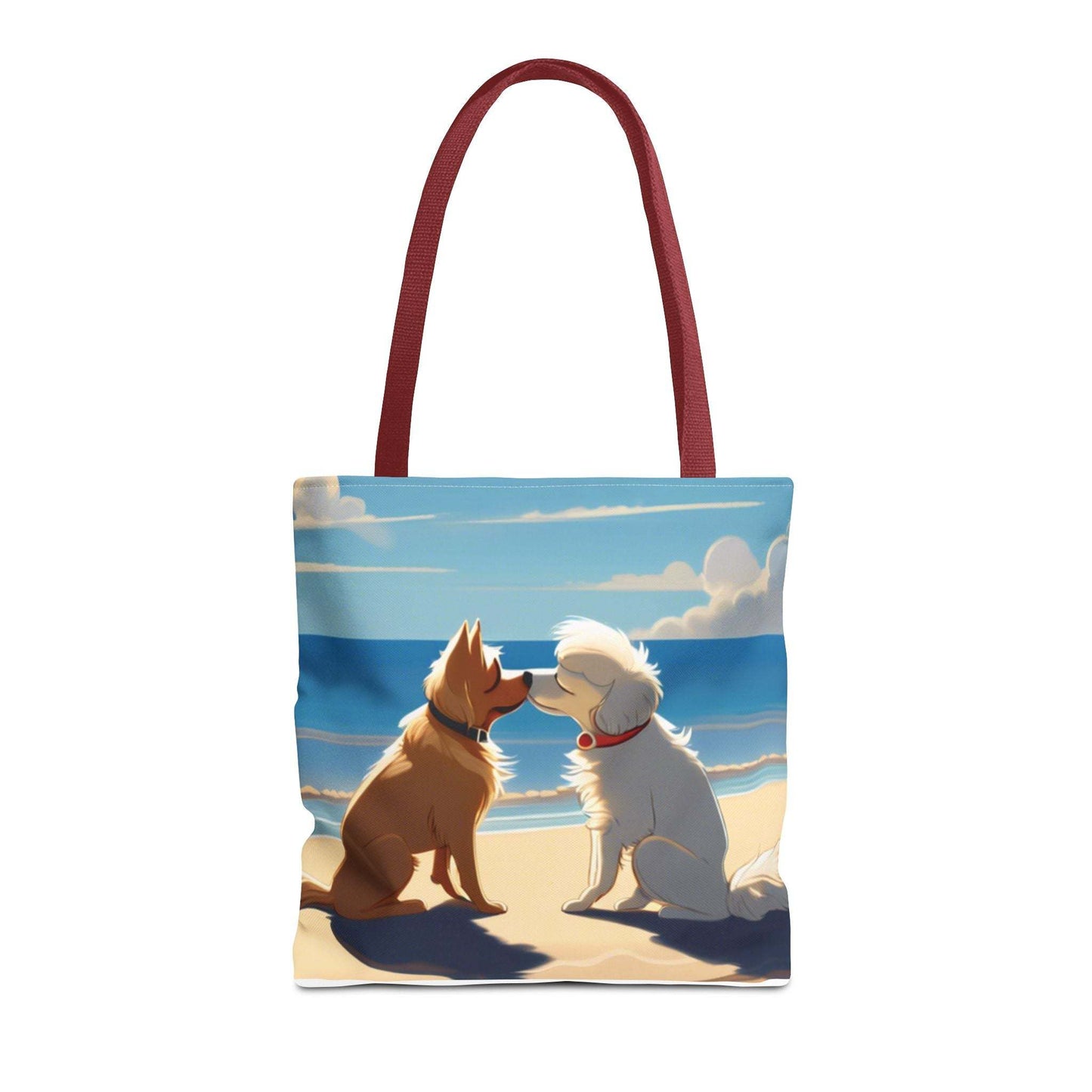 Stylish everyday tote bag featuring dogs on a beach with red handles.