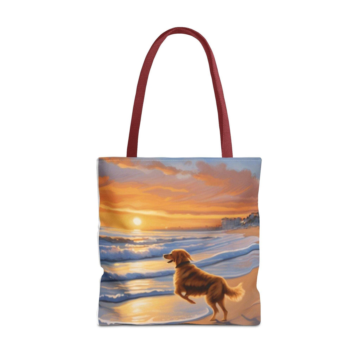 Canine on Beach Tote Bag featuring sunrise and ocean waves, spun polyester with cotton straps.