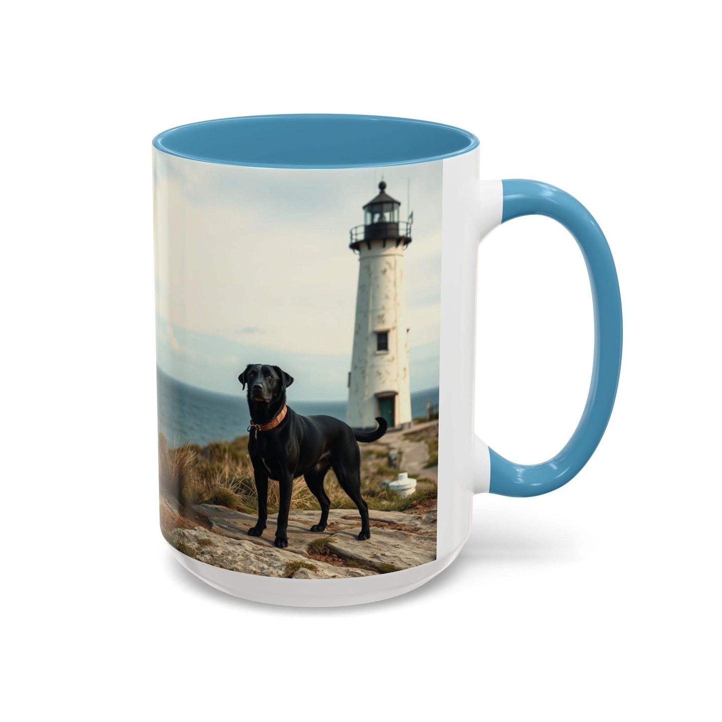 Ocean-themed coffee mug with a lighthouse and dog design, blue interior, and handle.