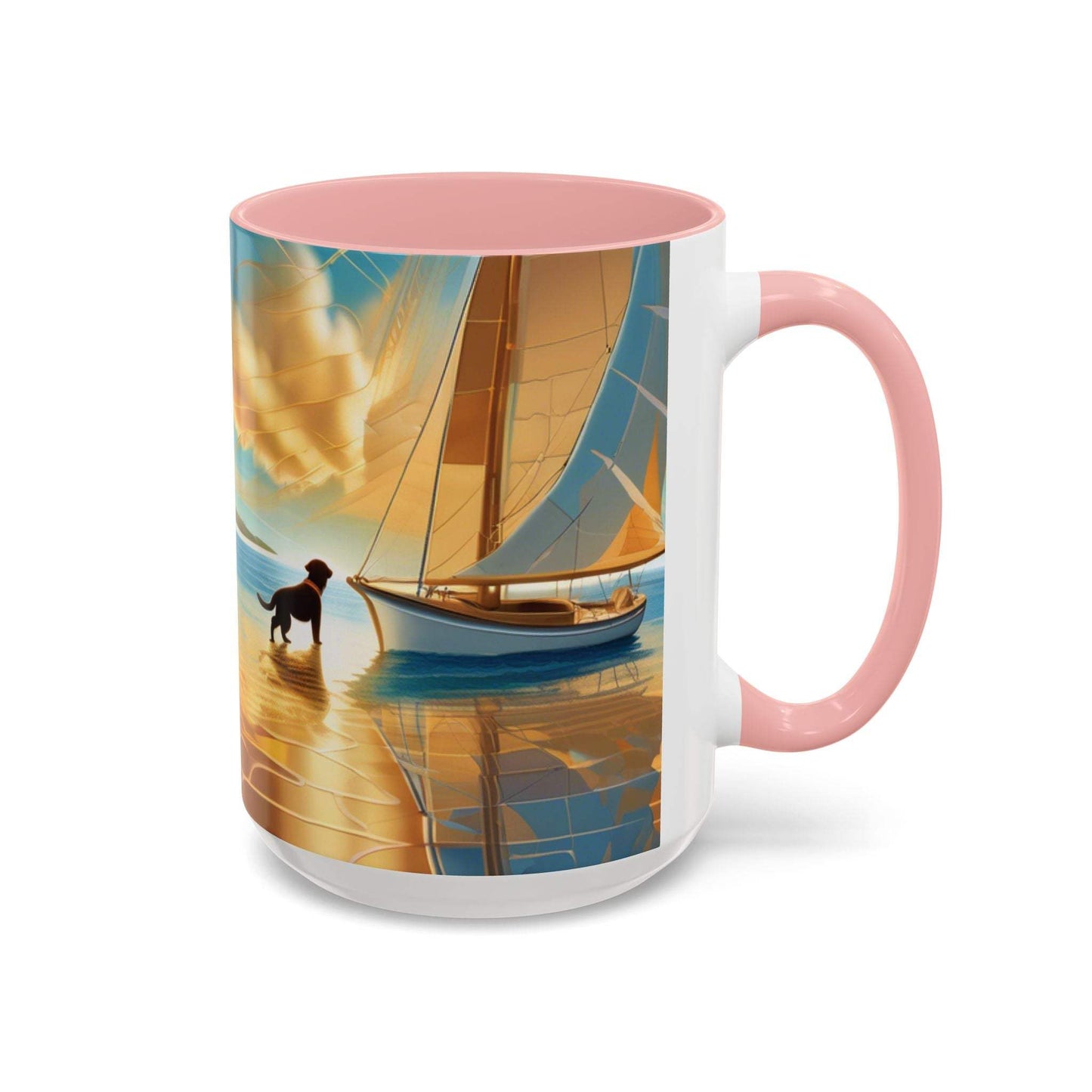 Serene Sunset Dog Lover's Coffee Mug with vibrant sailboat and dog design.