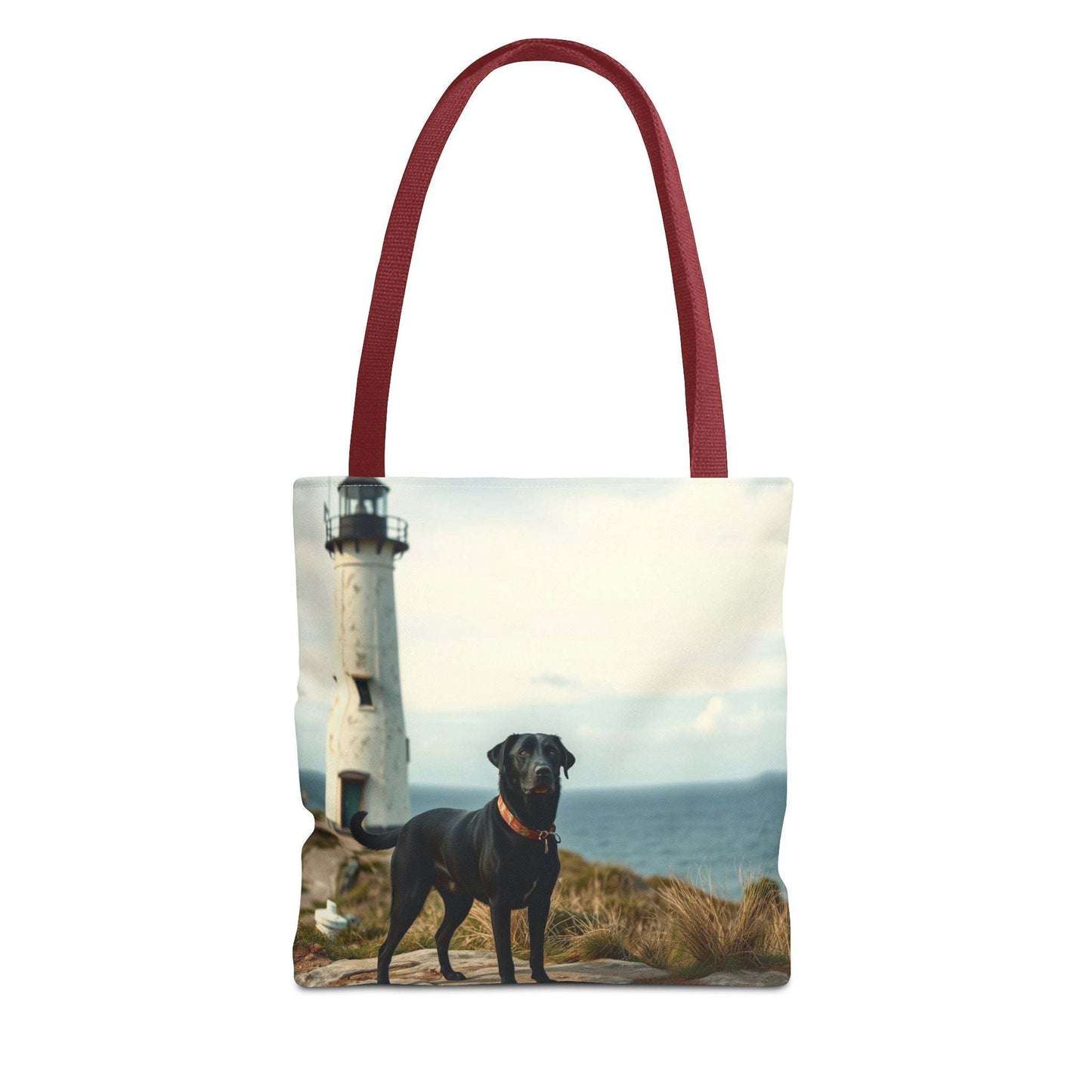 Tote bag featuring a coastal canine design with a lighthouse background, ideal for beach lovers and dog enthusiasts.