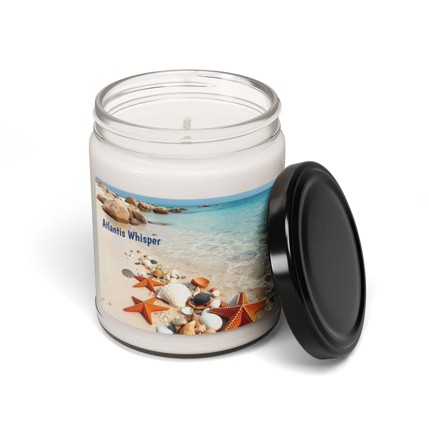 Scented Soy Candle Atlantis Whisper in glass jar with beach-inspired label, 9oz size.