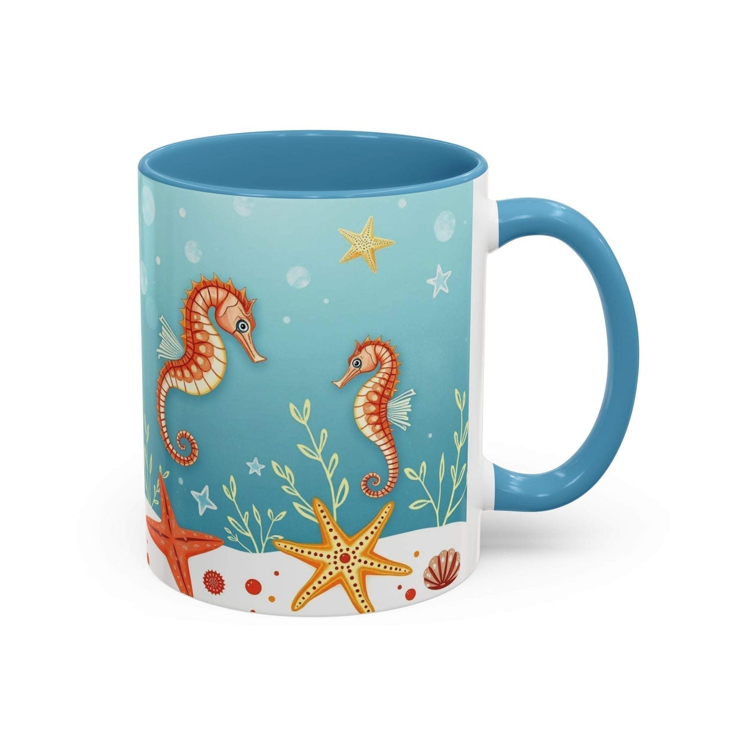 Ocean-themed accent coffee mug with seahorse and starfish design.