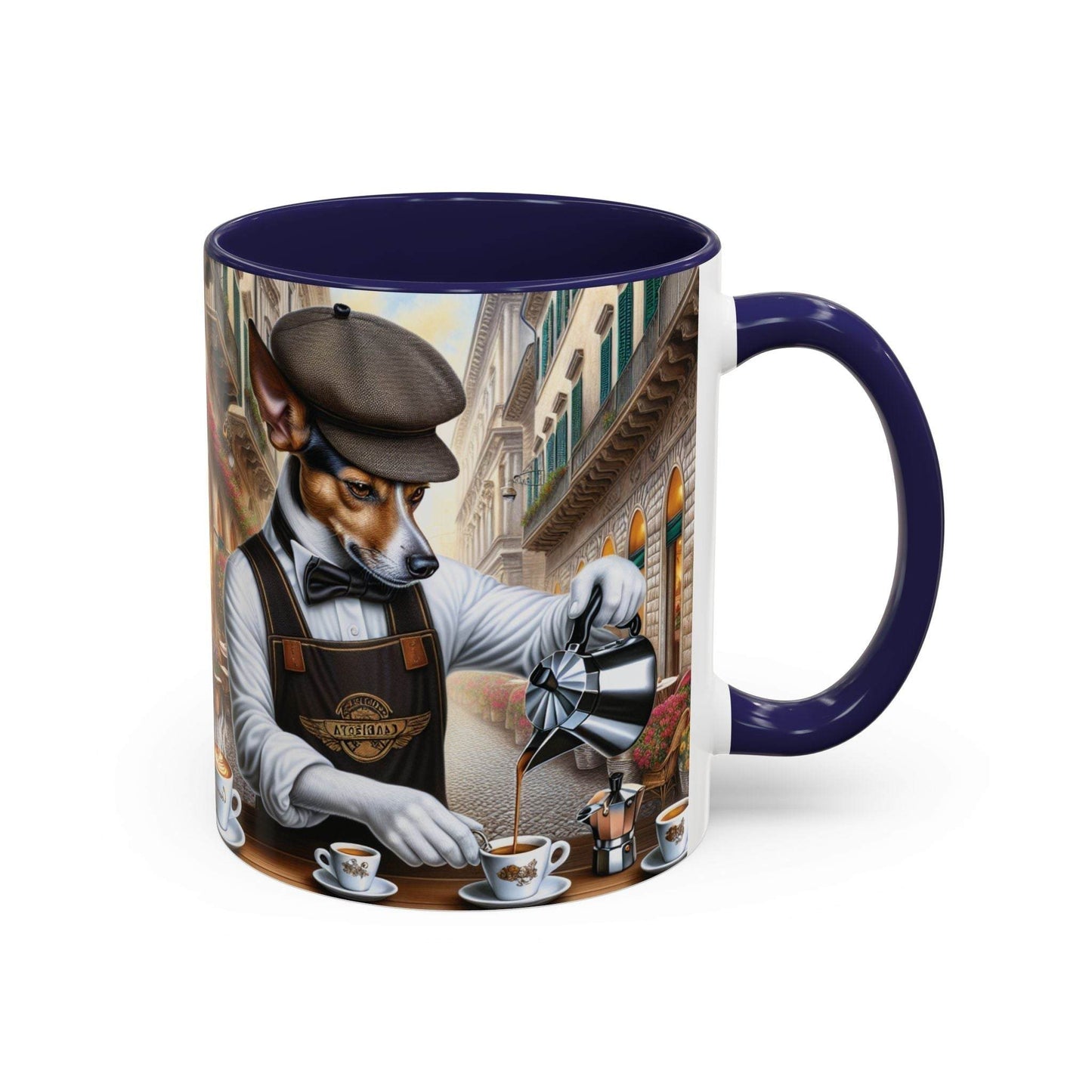 Artistic Dog Barista Coffee Mug with colorful design, available in 11oz and 15oz sizes, perfect for dog lovers.