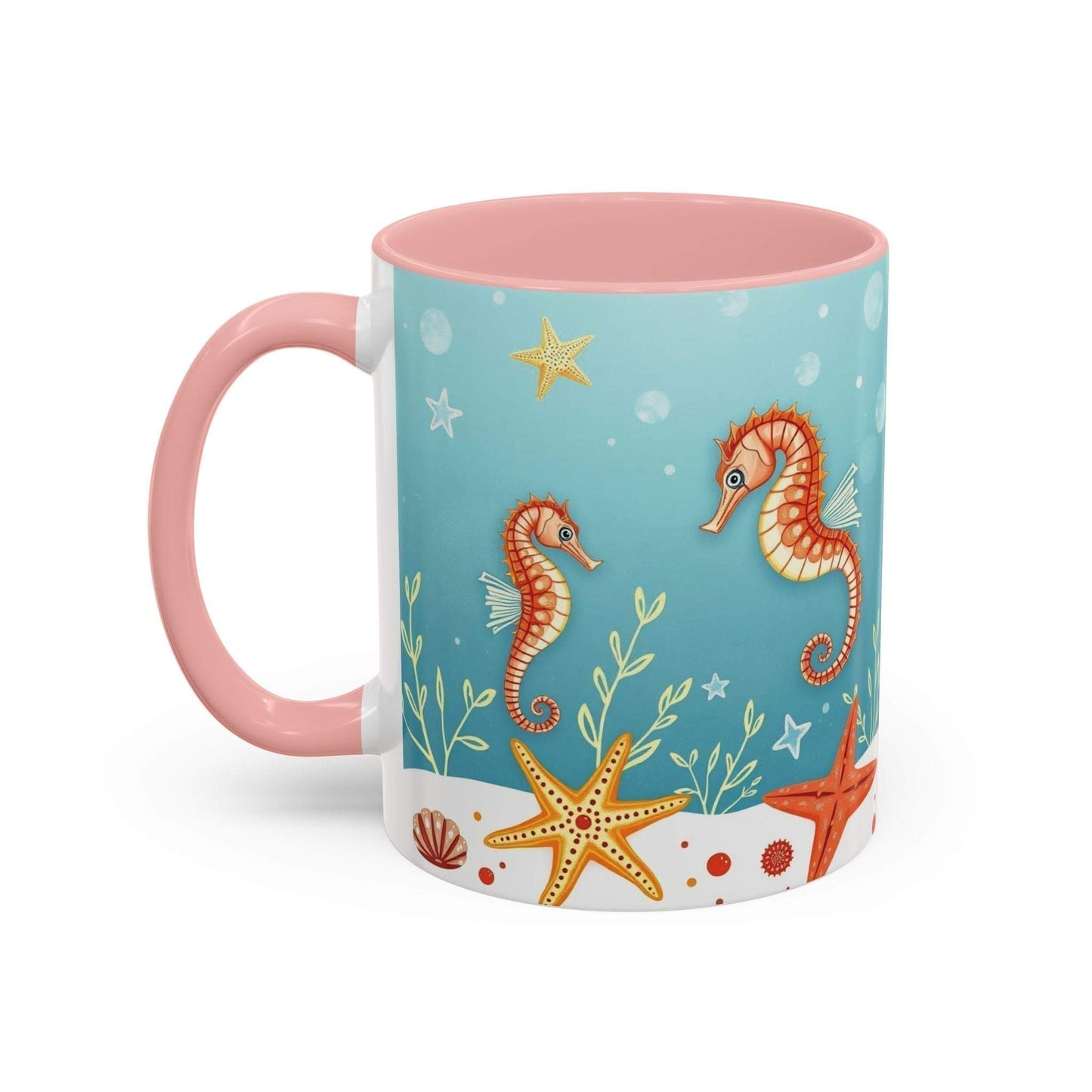 Ocean-themed accent coffee mug featuring seahorses and starfish design.