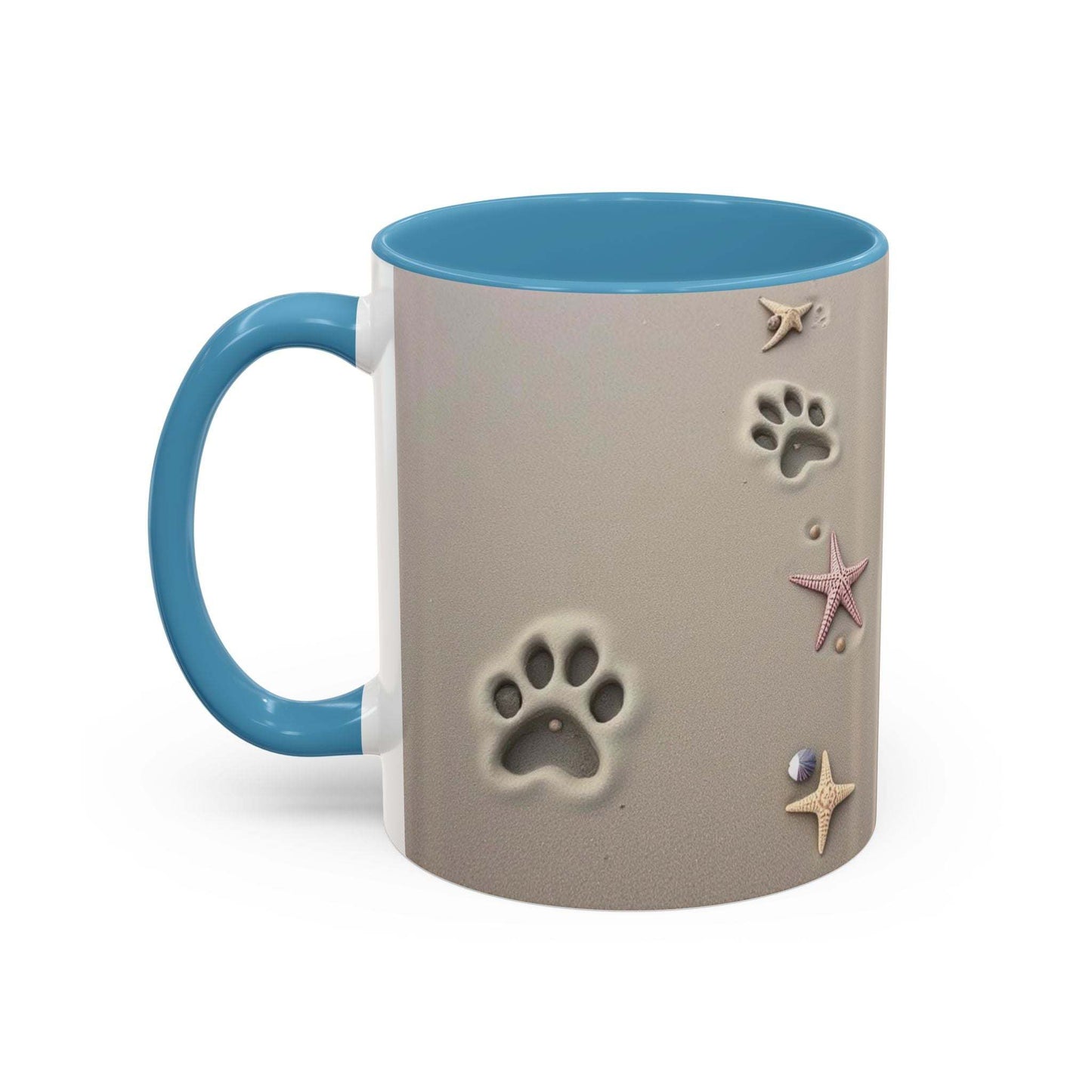 Nautical coffee mug with starfish and paw print design, perfect for beach and animal lovers.