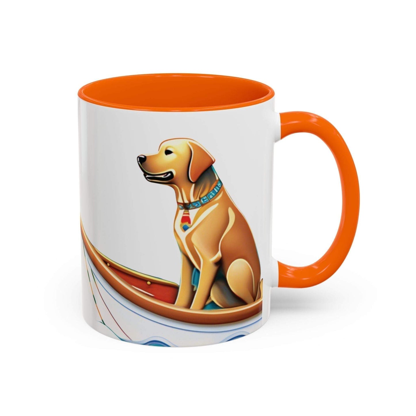 Nautical dog lover coffee mug with orange interior and a playful dog design, available in 11oz and 15oz sizes.