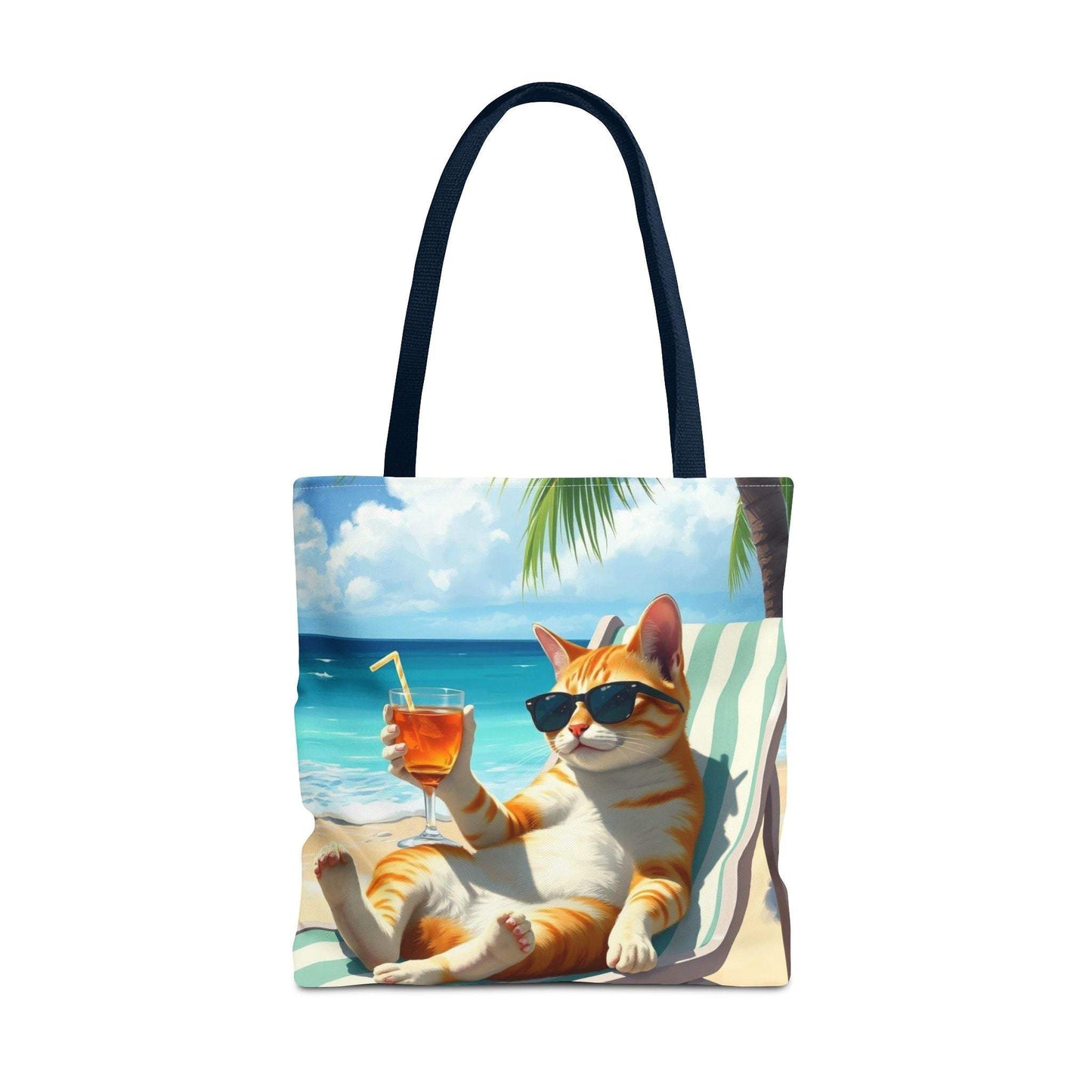 Cat tote bag with a relaxed cat sipping a drink, perfect for summer adventures and beach outings.