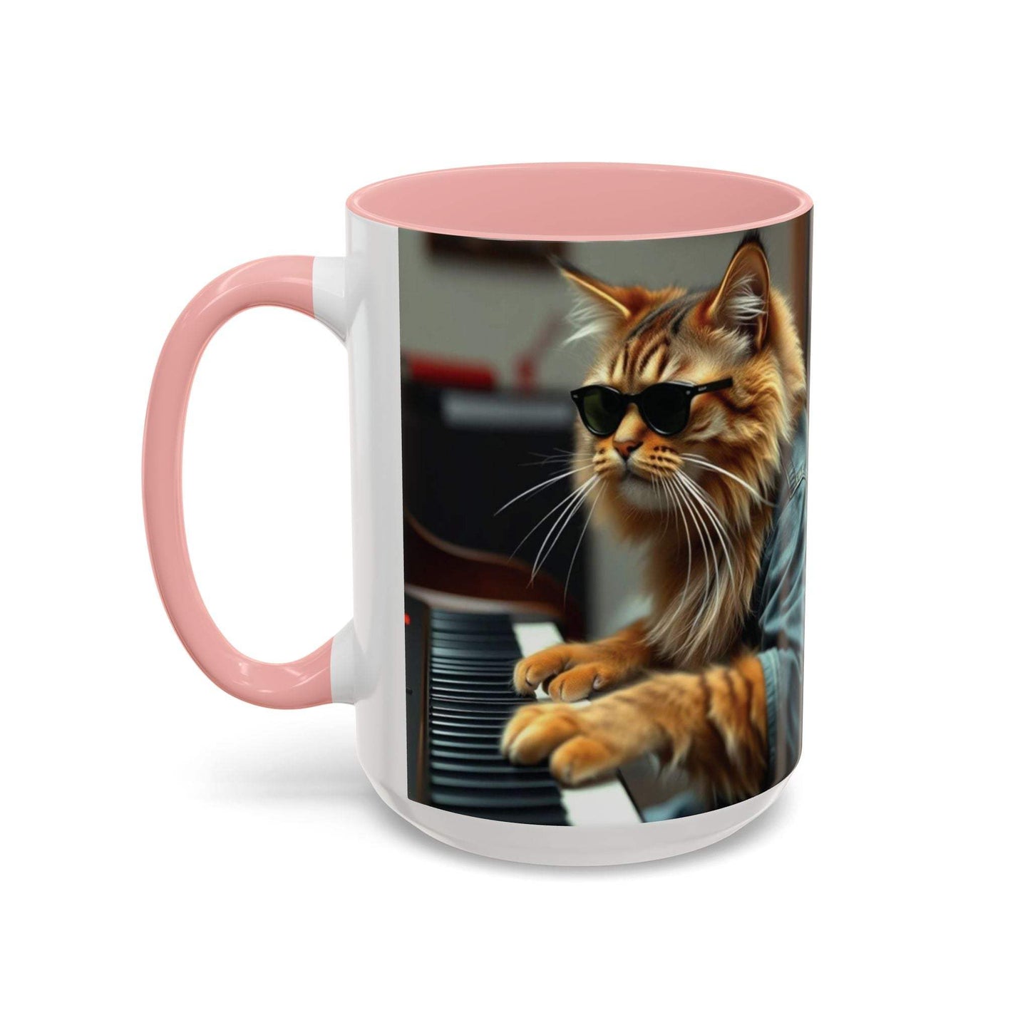 Cool cat musician coffee mug with colorful interior and unique cat design.