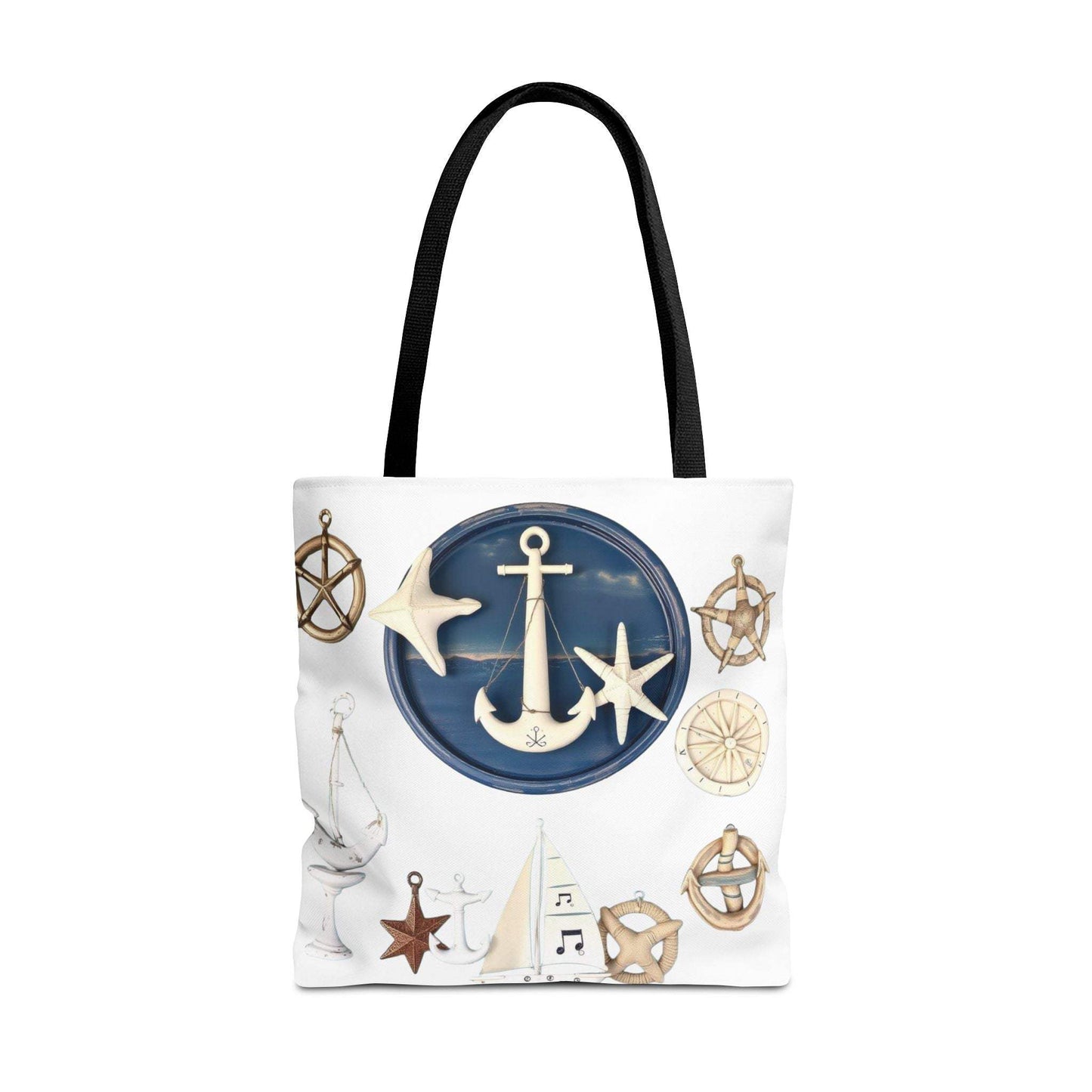 Nautical tote bag with anchor and star motif, black handles, durable polyester fabric.