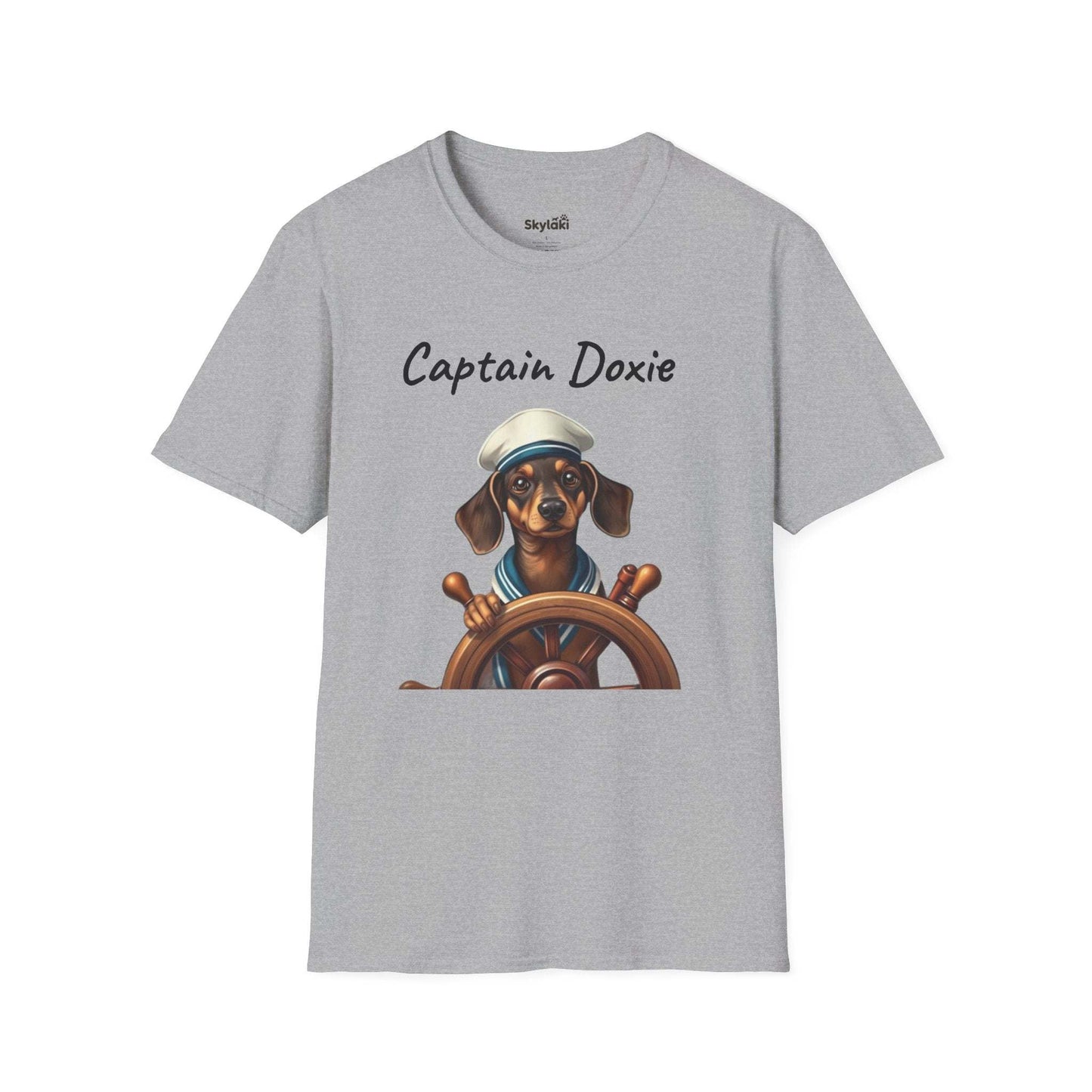 Unisex softstyle t shirt with nautical dog design and Captain Doxie text.