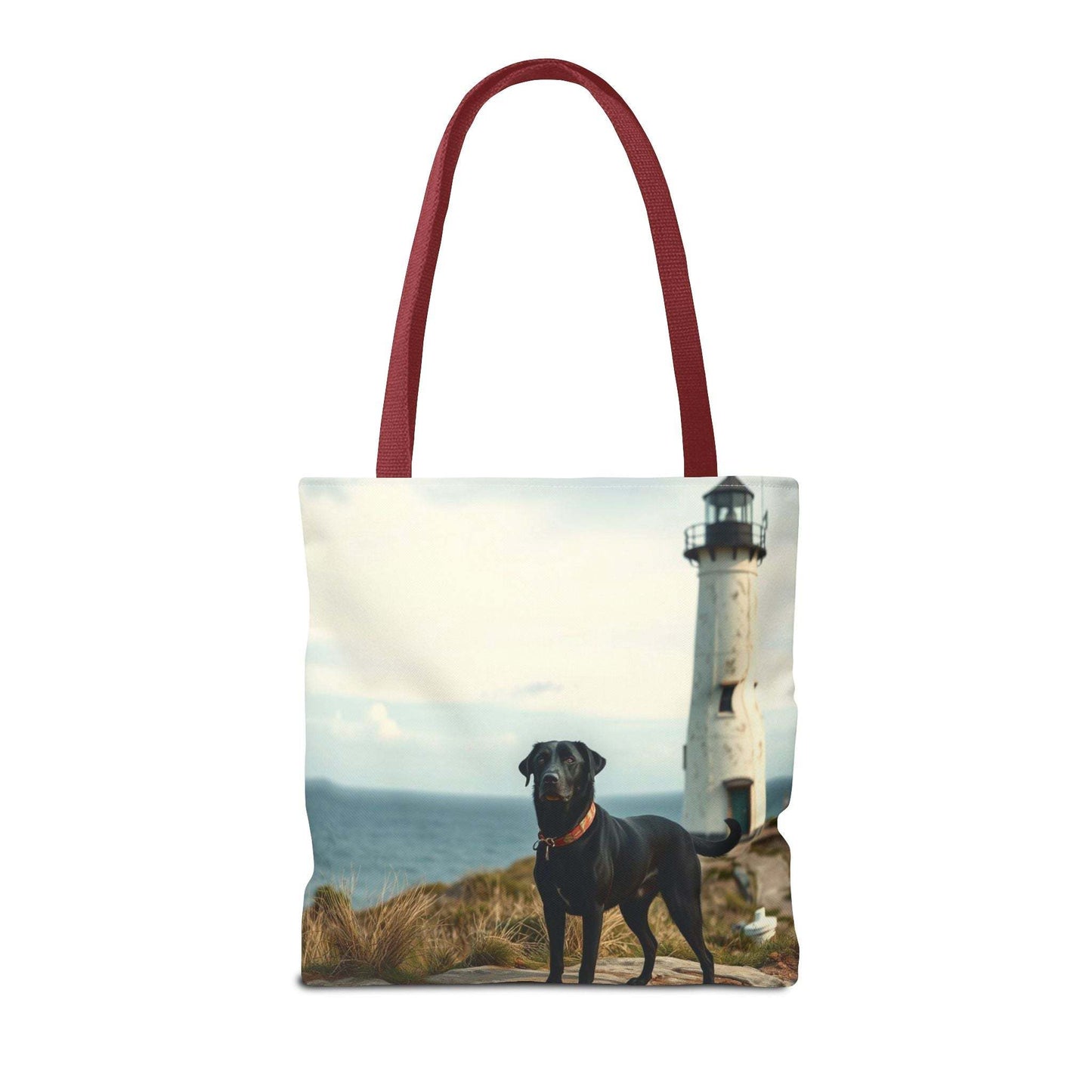 Coastal Canine Tote Bag with lighthouse and dog design, perfect for beach and dog lovers.