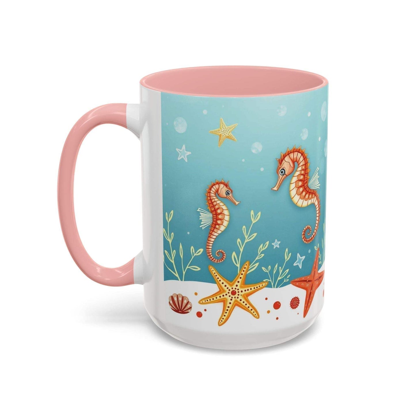 Ocean-themed accent coffee mug with seahorses and starfish design.
