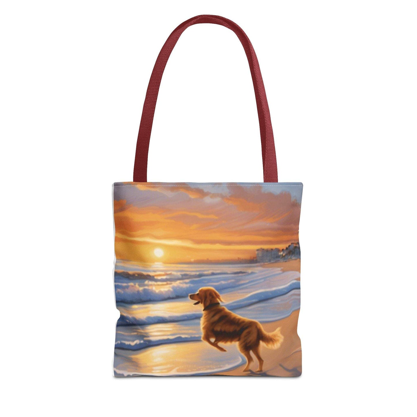 Canine on Beach Tote Bag with sunset beach scene, red handle, durable polyester.