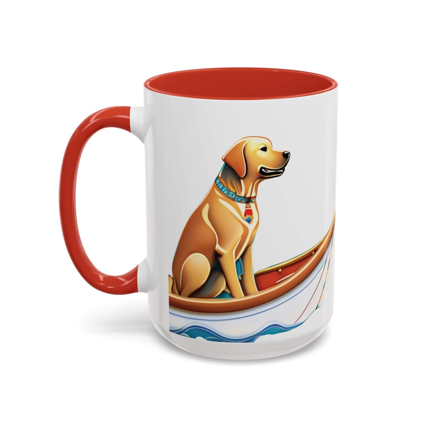 Nautical Dog Lover Coffee Mug with vibrant design, ceramic build, 11oz & 15oz sizes, with red interior.