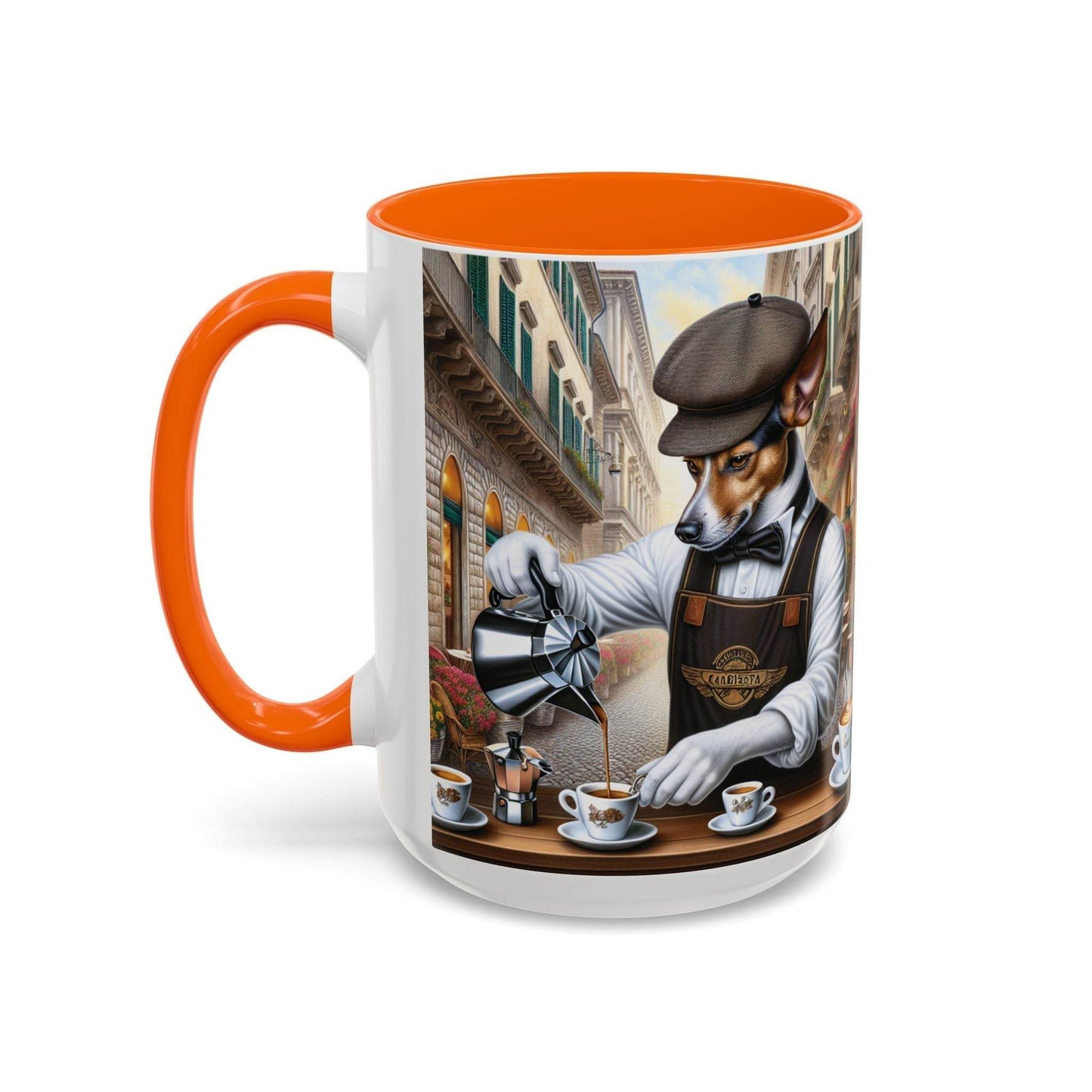 Artistic Dog Barista Coffee Mug featuring a stylish dog pouring coffee; vibrant 11oz and 15oz design for dog lovers.