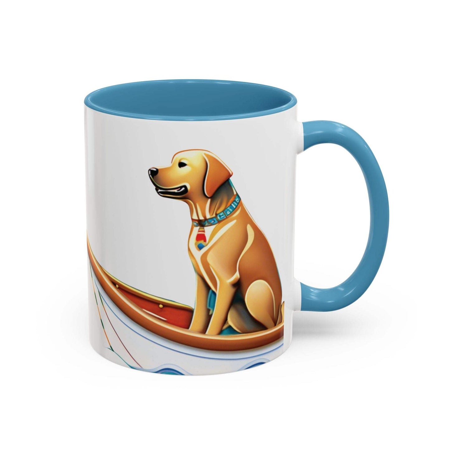 Nautical dog lover coffee mug with a dog design and blue interior.