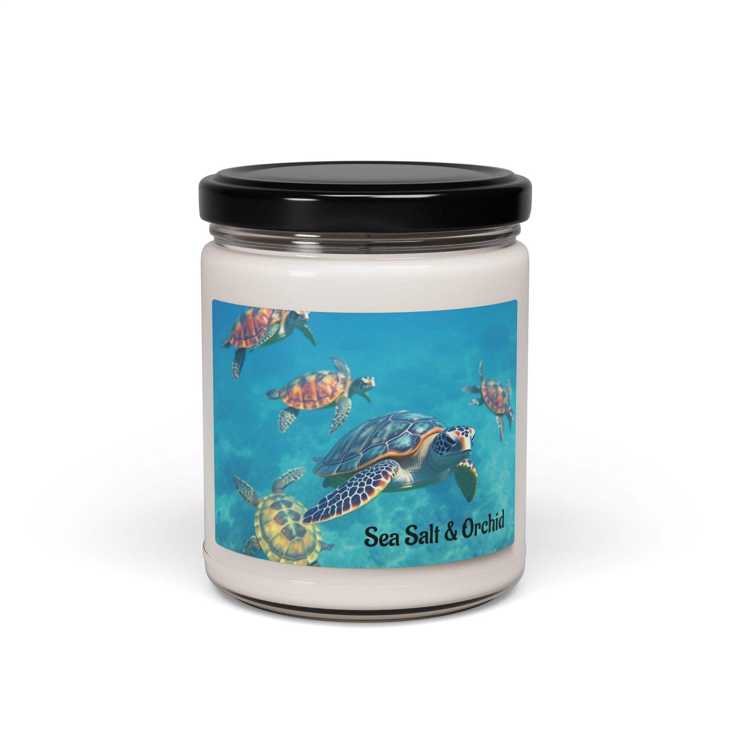 9oz soy candle in glass jar with Sea Salt & Orchid scent, featuring a serene ocean turtle design.
