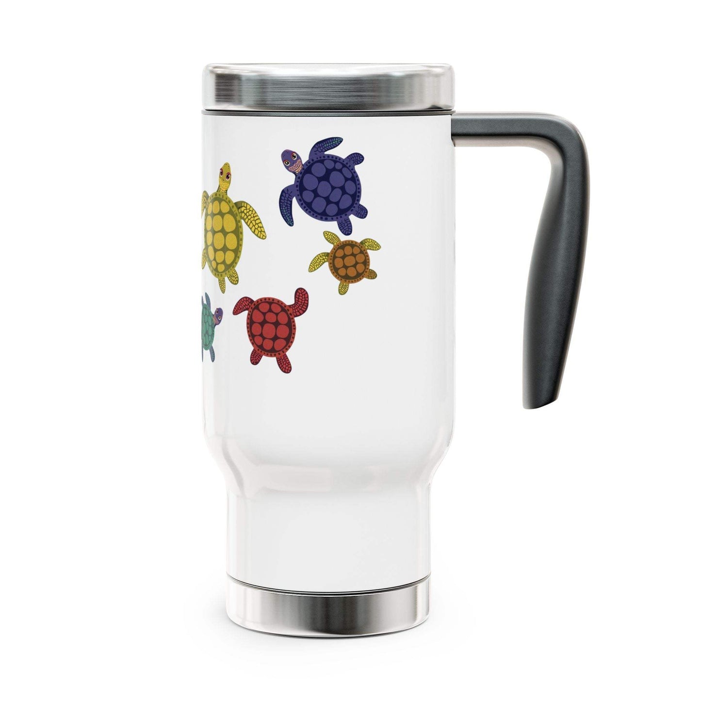 Stainless Steel Travel Mug with Handle, 14oz, featuring a glossy white enamel finish and colorful turtle design.
