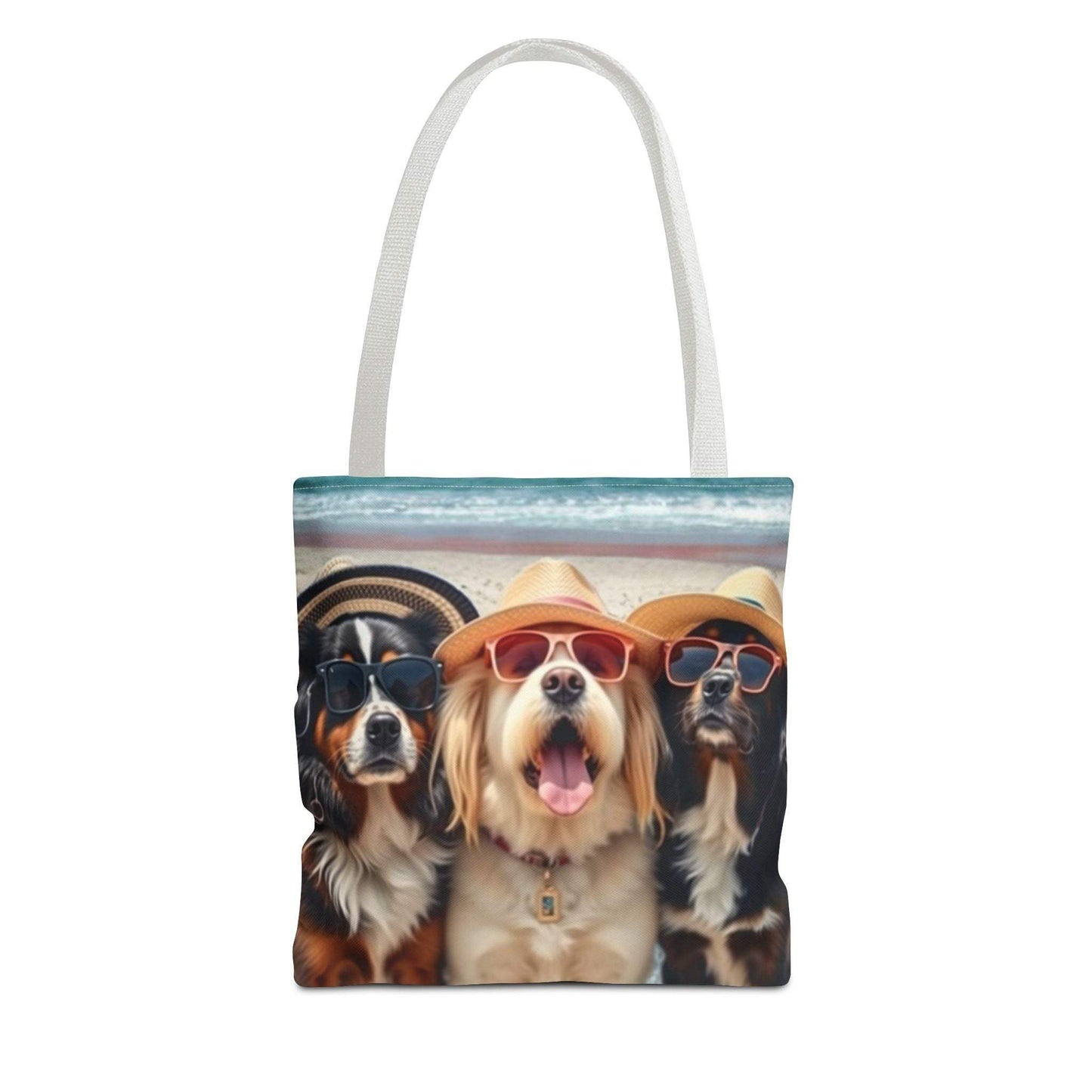 Trendy tote bag with fun dog companions in sunglasses design, perfect for pet lovers.