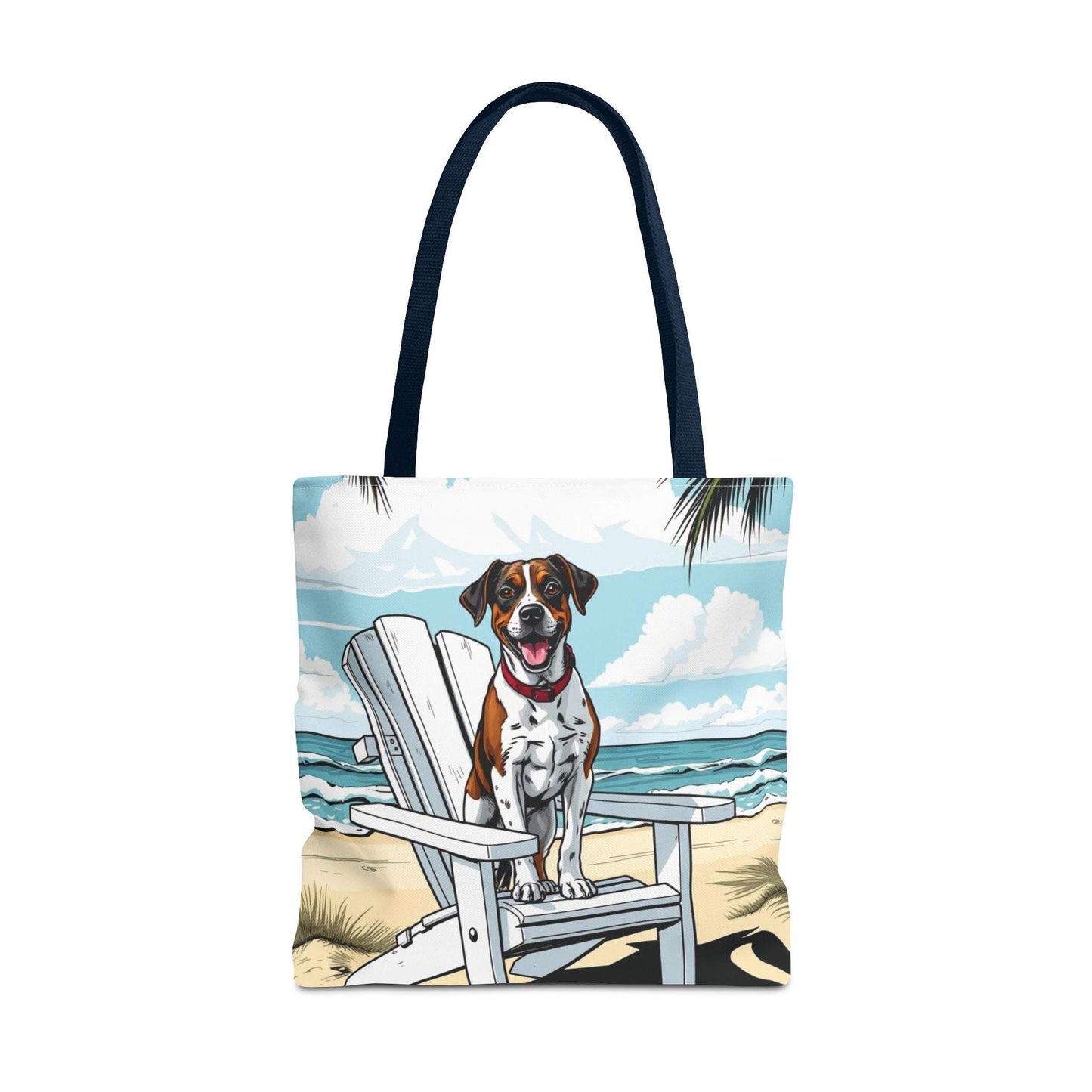 Vibrant beach tote bag with dog artwork, sturdy handles, and spacious interior, ideal for pet lovers and seaside adventures.