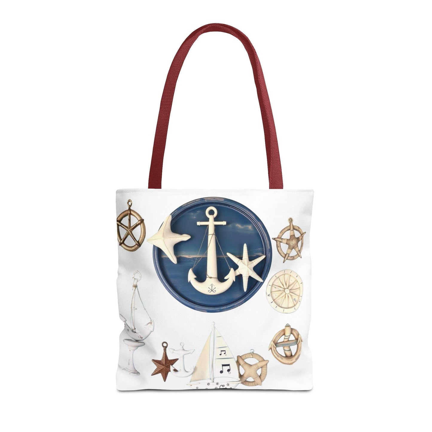 Nautical tote bag with anchor and star motif, featuring durable polyester fabric and customizable handle colors. Ideal for beach trips and daily use.
