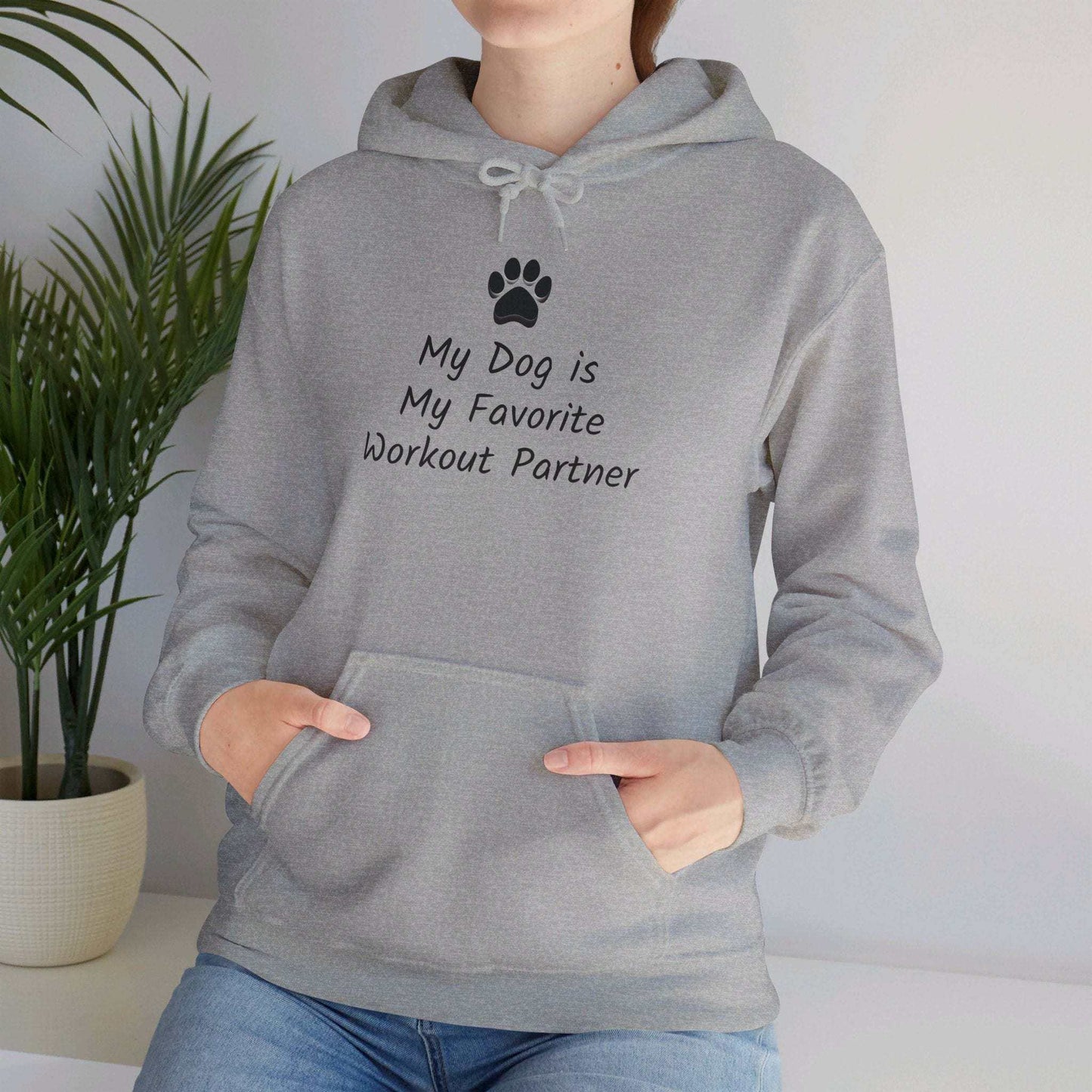 Unisex gray hooded sweatshirt with "My Dog is My Favorite Workout Partner" print, featuring kangaroo pocket.