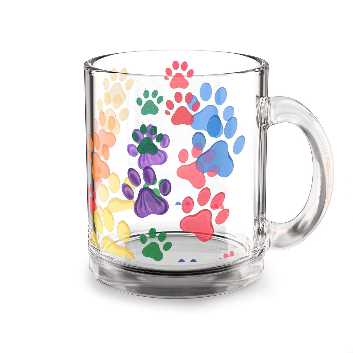 Paw Print Glass Mugs - 10oz clear glass mug with colorful paw print design.