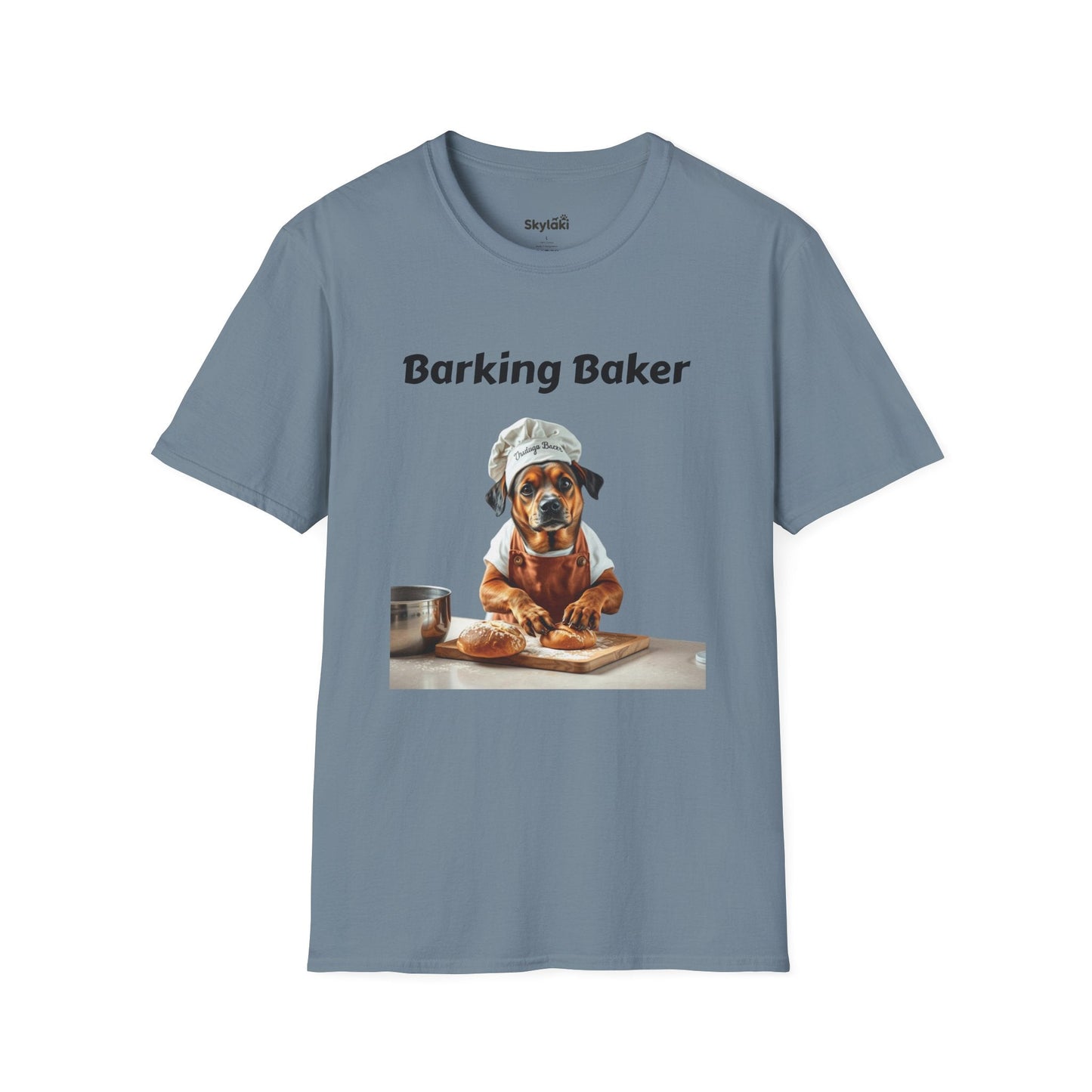 Barking Baker Unisex Softstyle T-Shirt with playful dog chef design for baking lovers.
