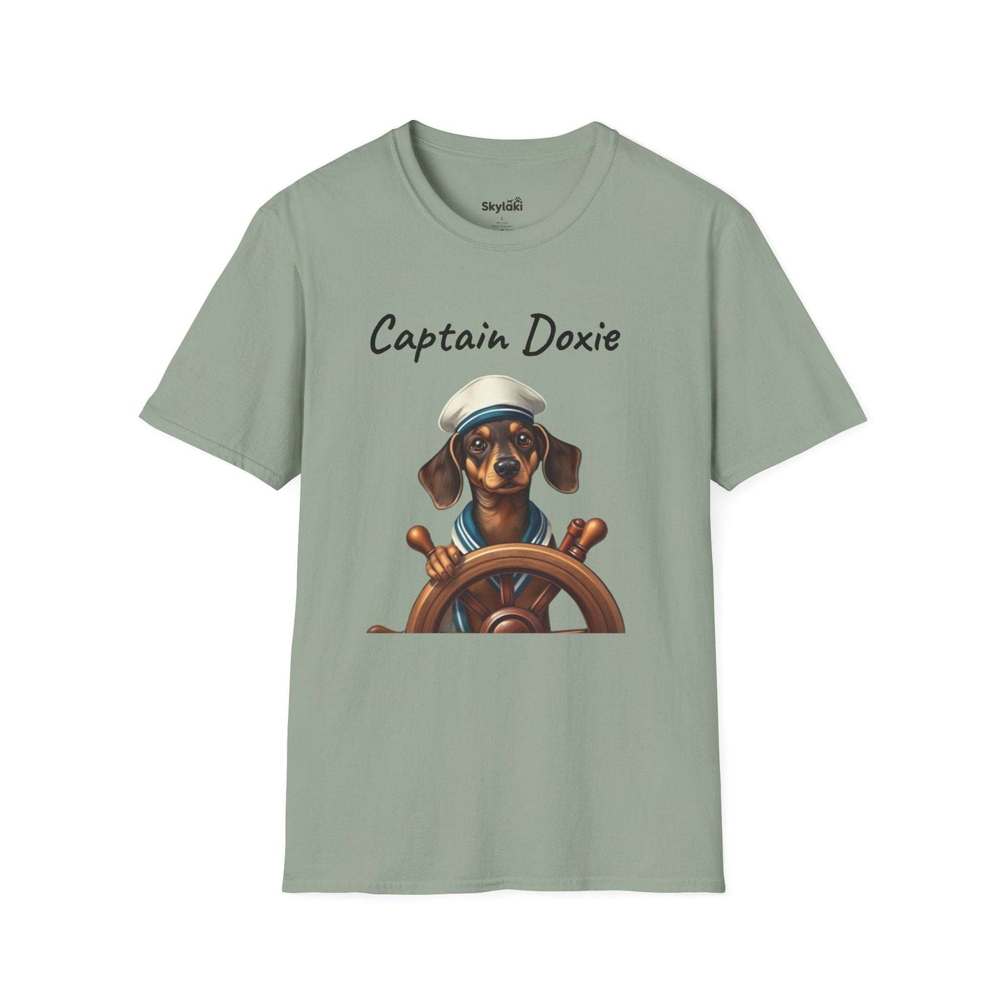 Captain Doxie Unisex Softstyle T Shirt with nautical dog design on green fabric.