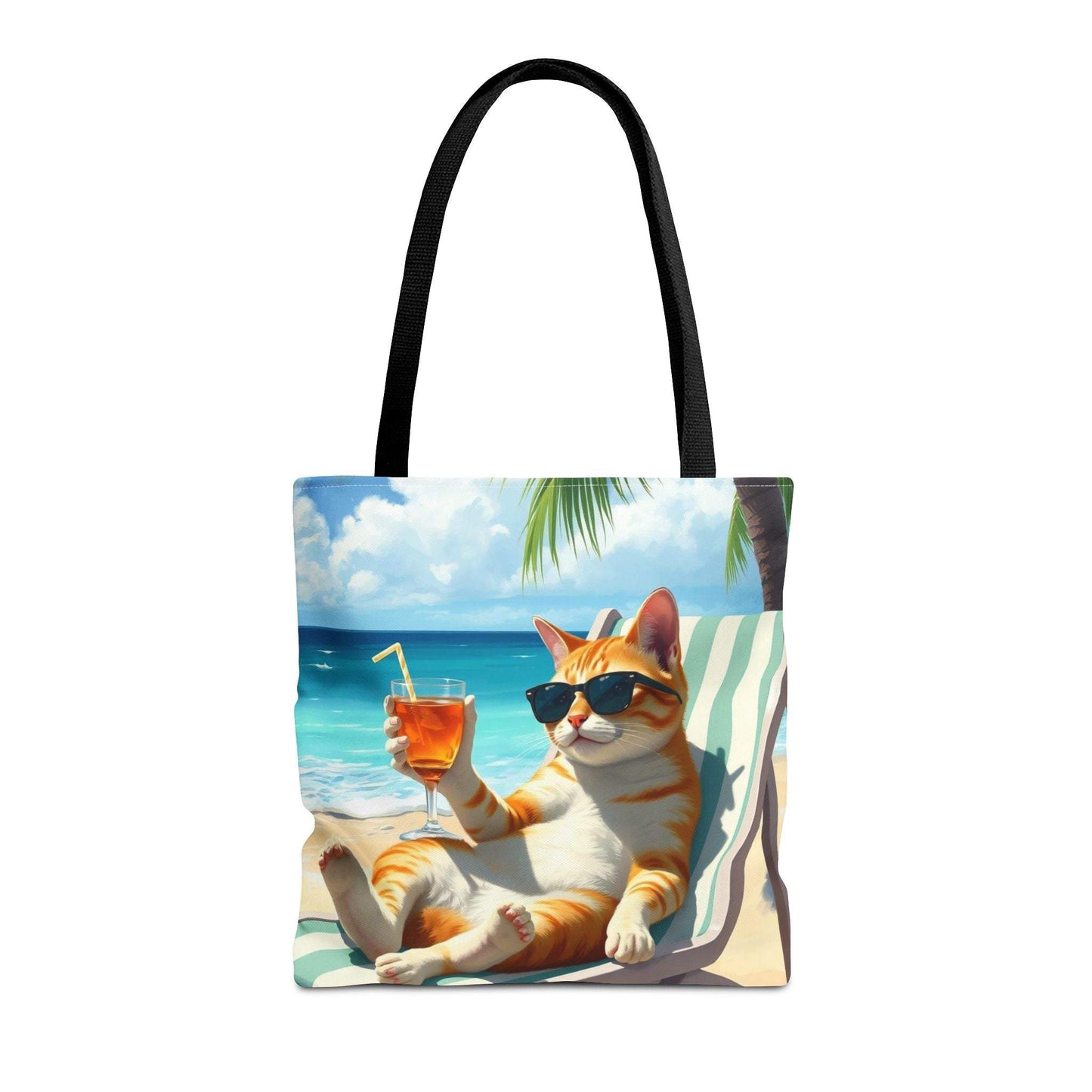 Cat tote bag with relaxed cat sipping a drink at the beach, perfect for summer adventures.