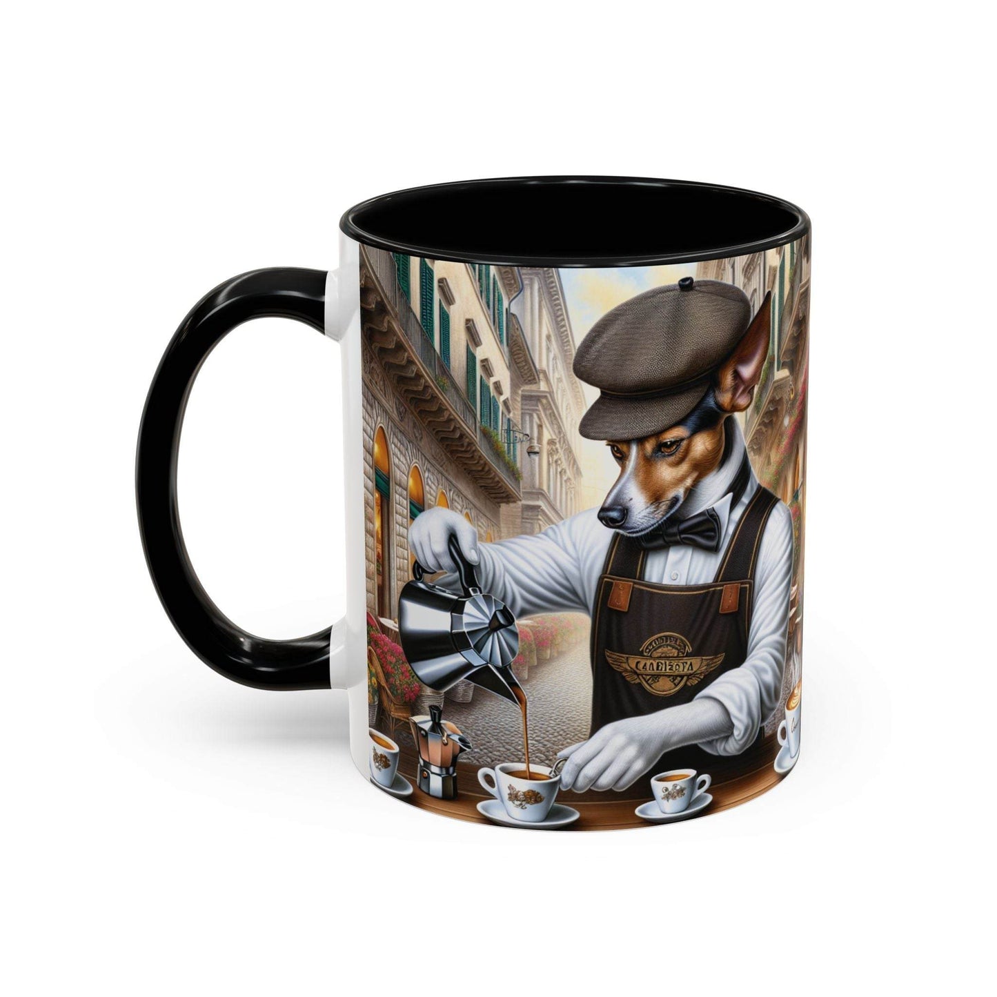 Artistic Dog Barista Coffee Mug with vibrant design and black handle, 11oz.