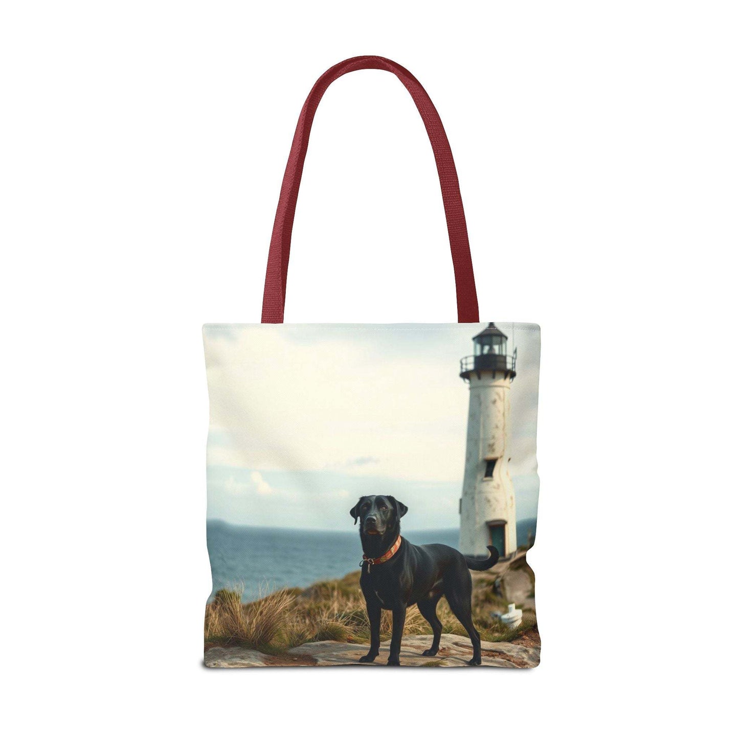 Coastal Canine Tote Bag with dog and lighthouse design, perfect for beach days and dog lovers.