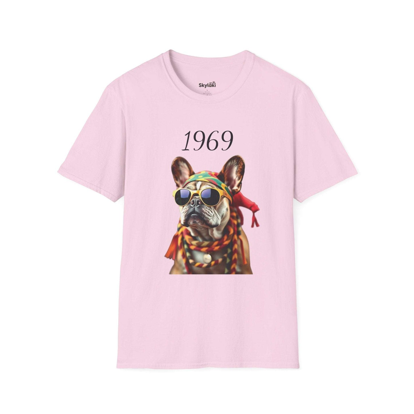 Vintage T shirt featuring a colorful 1969 retro French bulldog portrait with sunglasses on lightweight cotton tee