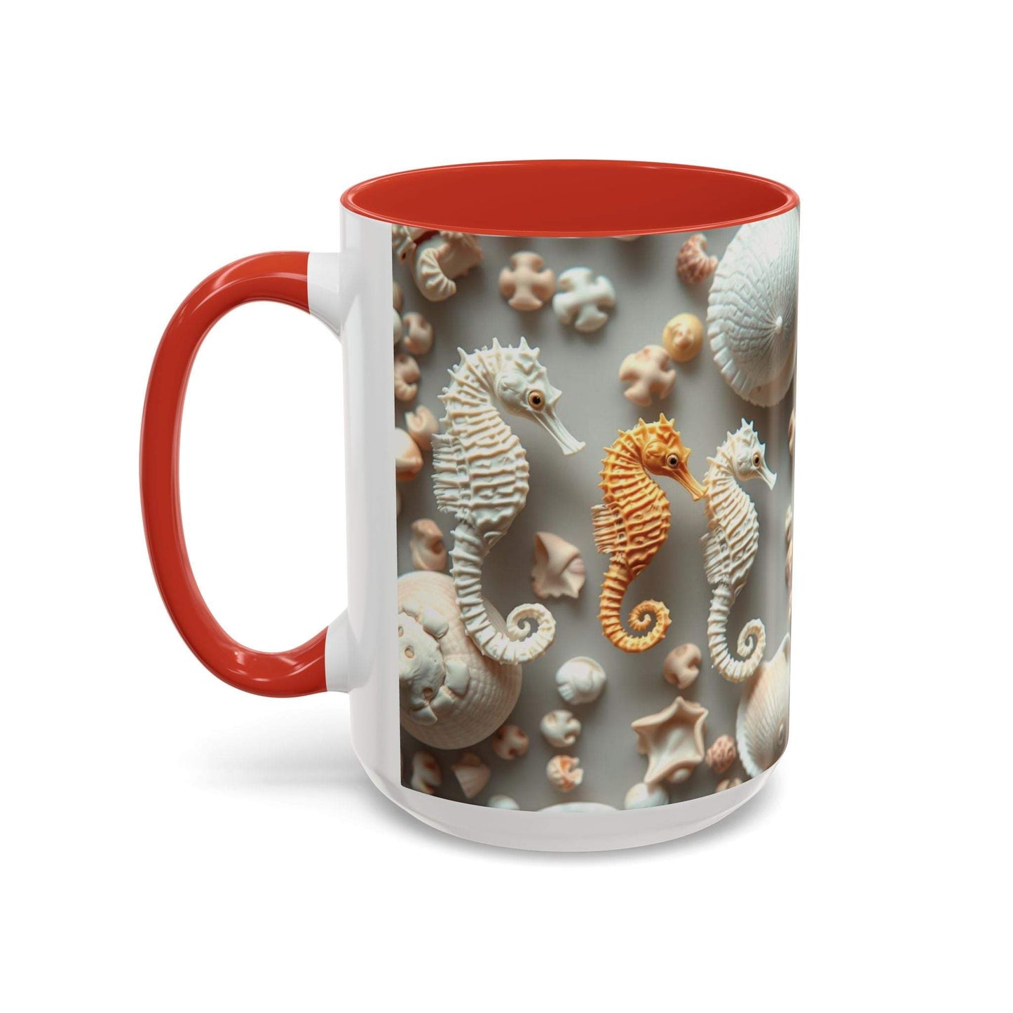 Seahorse accent coffee mug with vibrant nautical design and red handle.