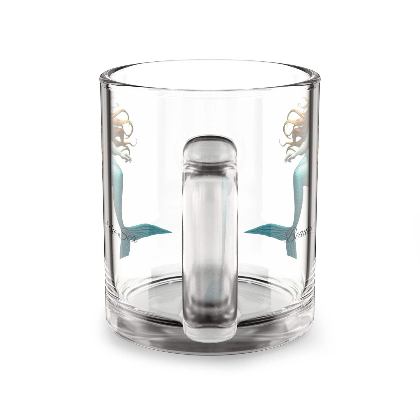 Glass mug with mermaid-themed design, 10oz, clear, ergonomic handle.