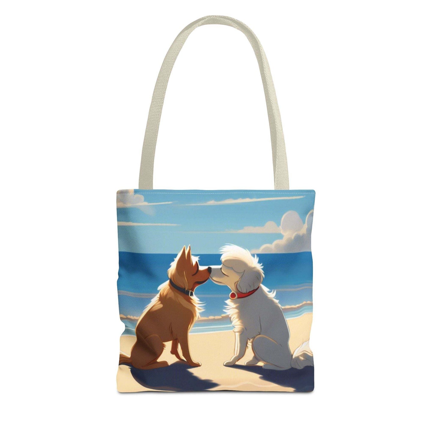 Stylish and durable everyday tote bag with playful pups on the beach design, featuring cotton webbing straps and available in multiple sizes.