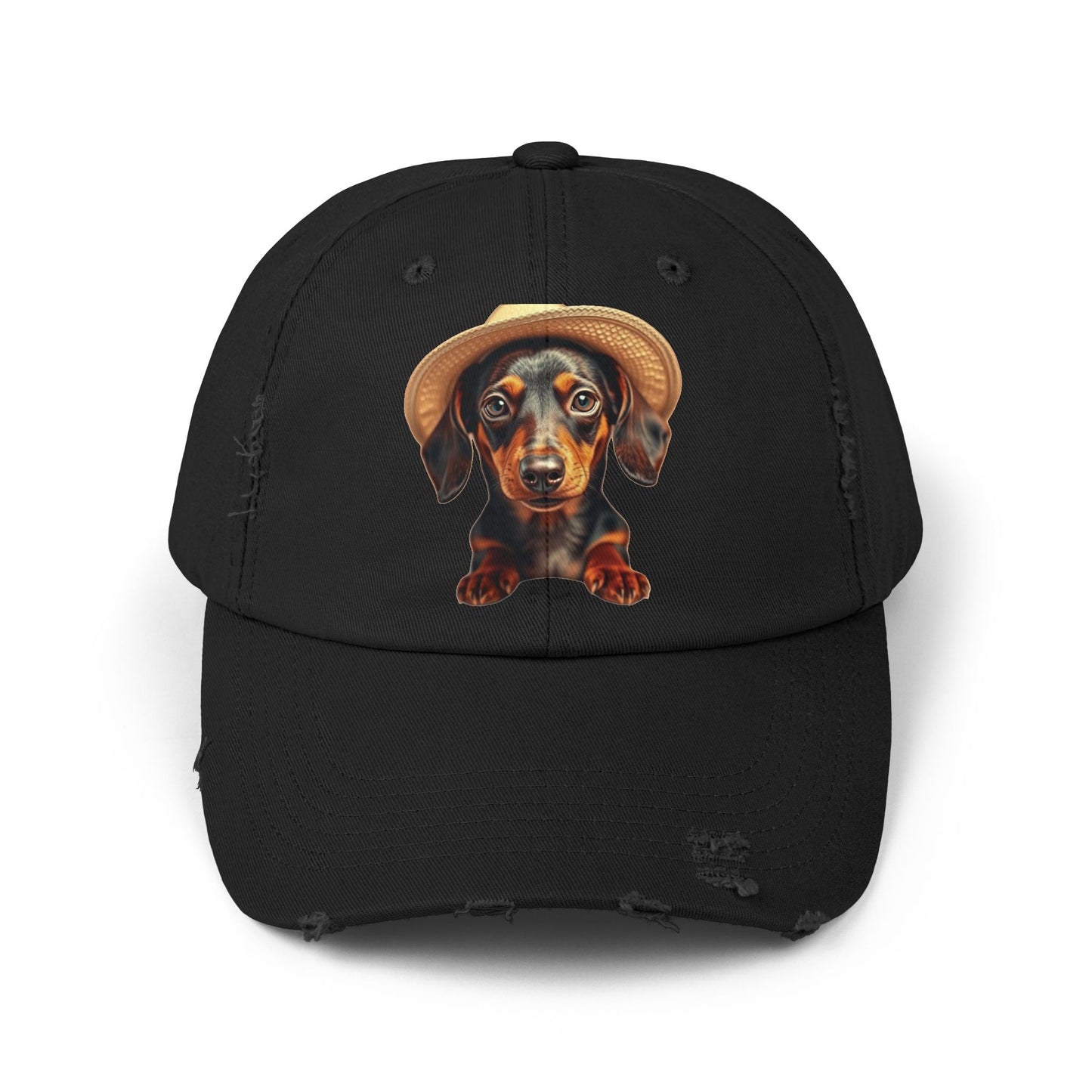 Distressed baseball cap with dachshund design for dog lovers, featuring vintage look and adjustable strap.