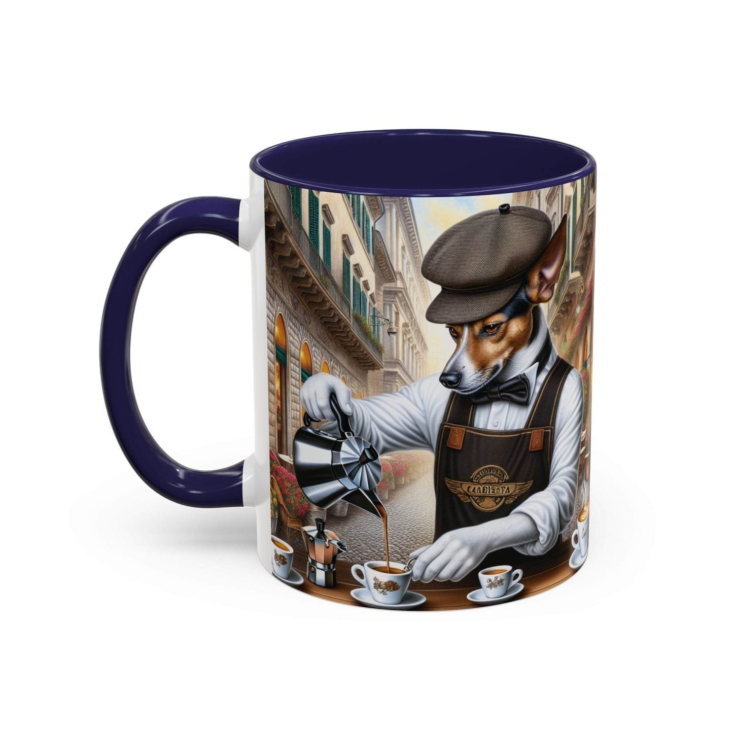 Artistic Dog Barista Coffee Mug with vibrant design, available in 11oz and 15oz.