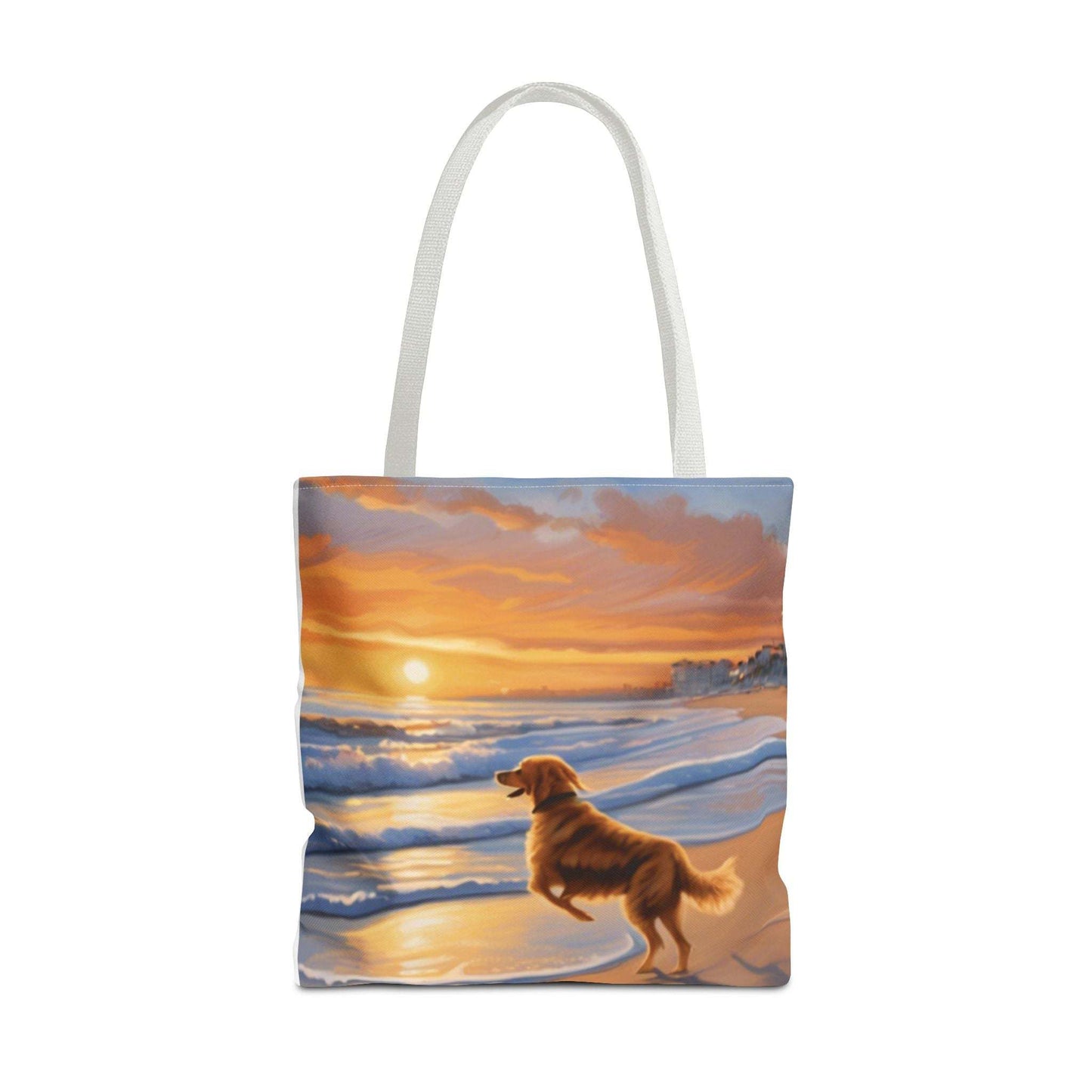Canine on Beach Tote Bag with beach scene design, polyester fabric, cotton straps, available in three sizes.