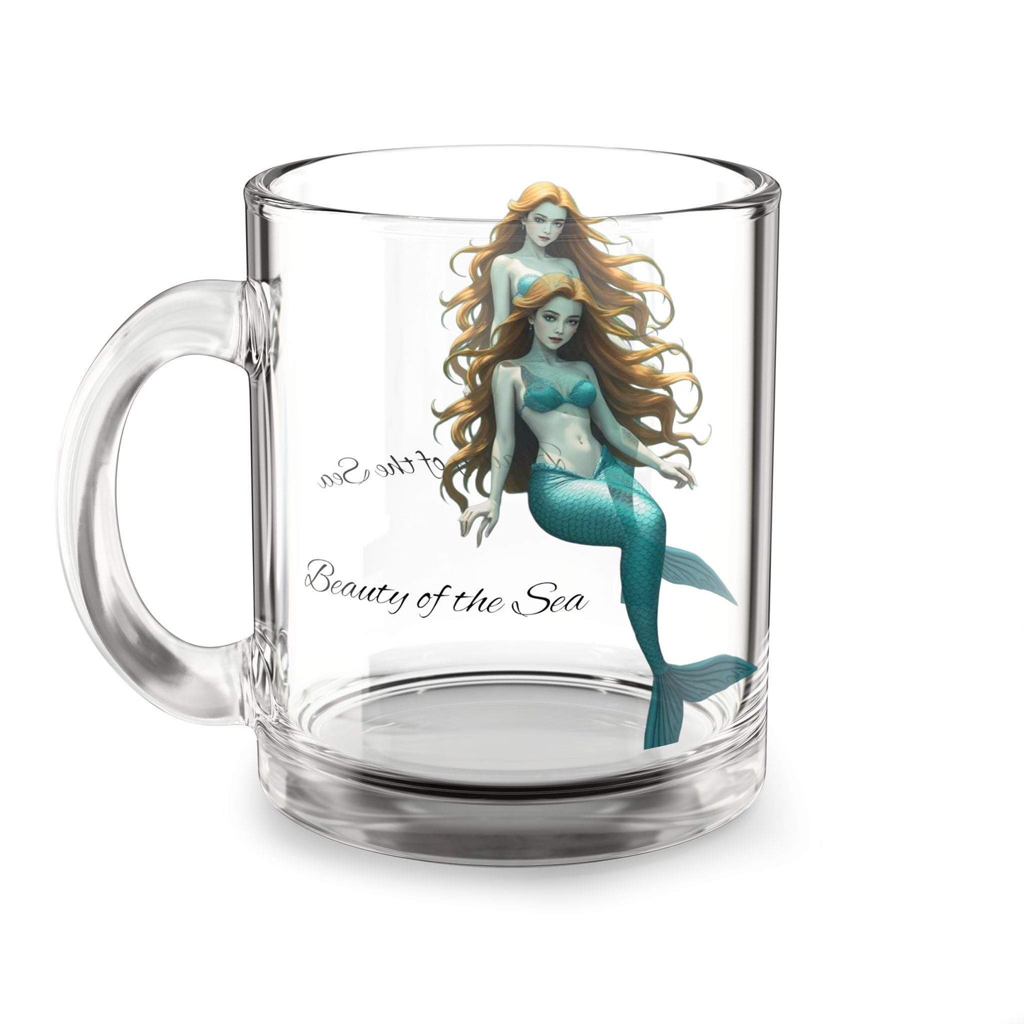 Glass mug with mermaid-themed 'Beauty of the Sea' design, 10oz, perfect for ocean lovers.
