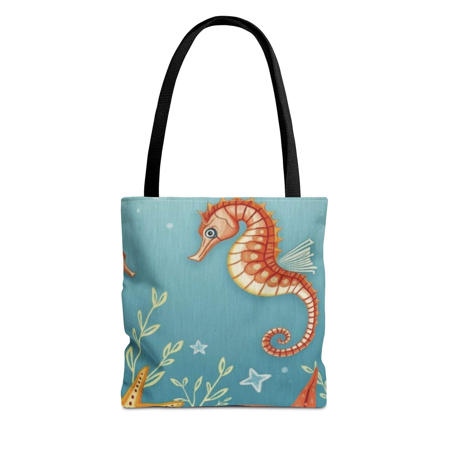 Beach Bag Tote Bag with Seahorse and Starfish Design, Coastal Vibes, Durable Polyester, Multiple Sizes.